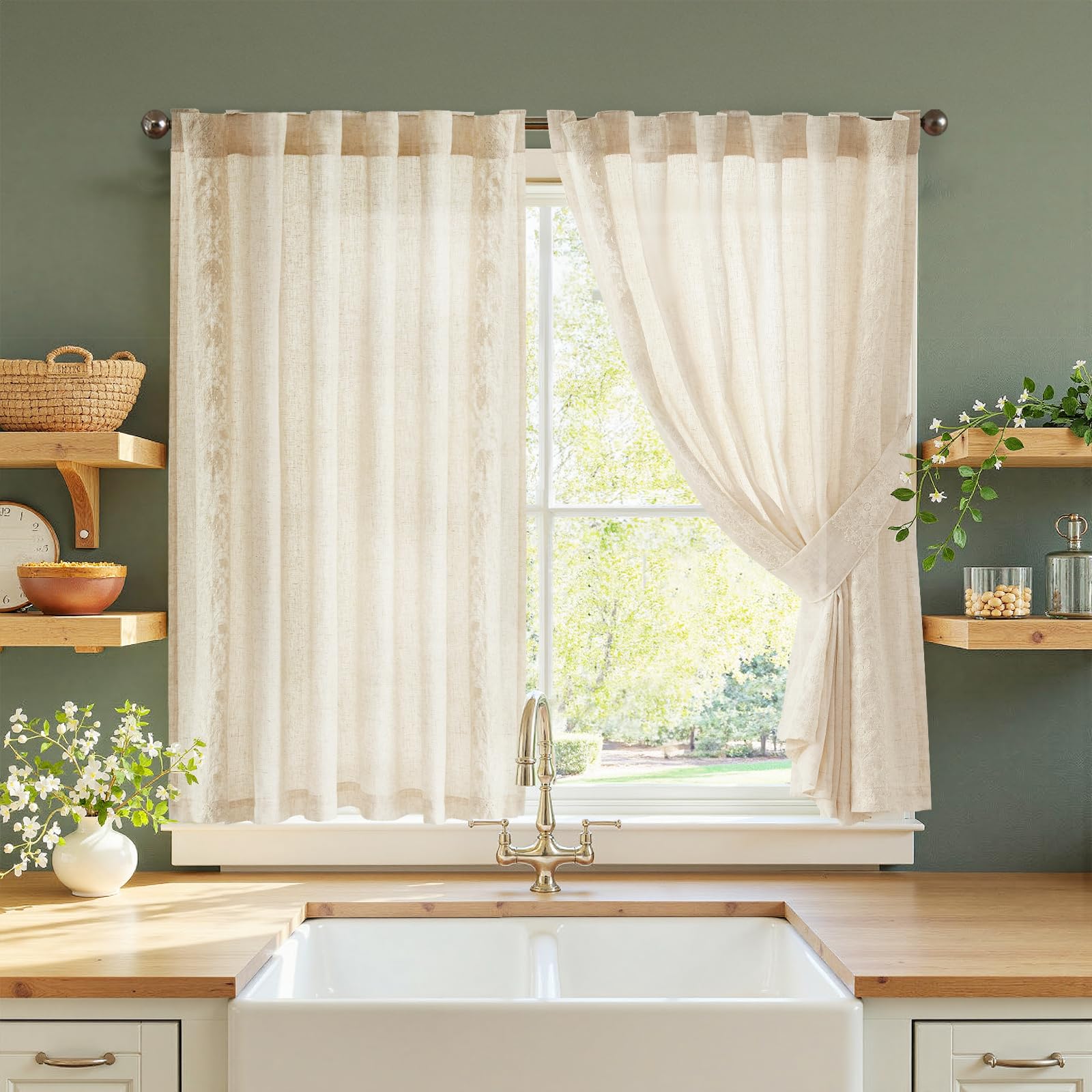 jinchan Weslie Beige Floral Sheer Curtains for Living Room 84 Inch Long Embroidered Voile Farmhouse Linen Curtains for Bedroom Ivory Flower Patterned Cottage Core Window Drapes 2 Panels Ivory on Beige