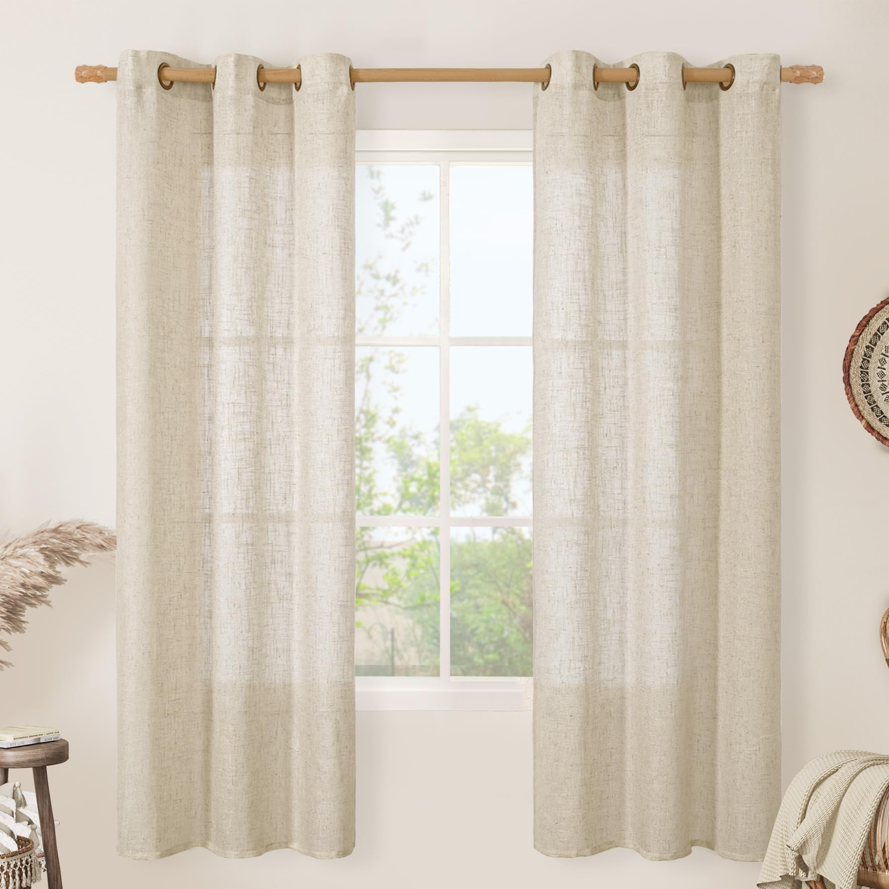 LAMIT Natural Cream Ivory Long Linen Curtains for Living Room, 108 inches Long Bronze Grommet Light Filtering Window Textured Neutral Sheer Drapes for Bedroom Farmhouse, 2 Panels, 52 x 108 Inch