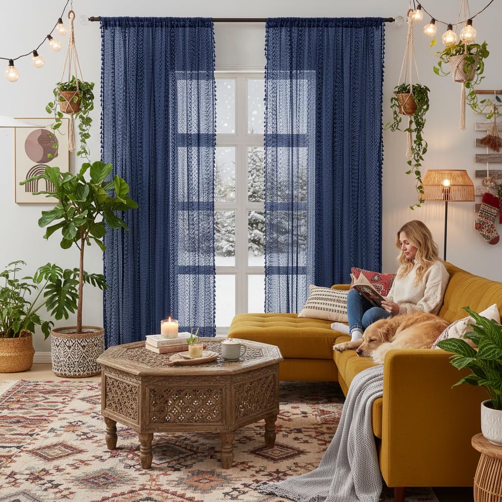 WAZZIO Boho Lace Curtains 108 Inch 2 Panel,Light Filtering Privacy Tassel & Geometry Crochet Semi Sheer Curtain Drapes for Bedroom Living Dining Room,Rod Pocket & Tassel,Vintage Farmhouse Decor,Beige