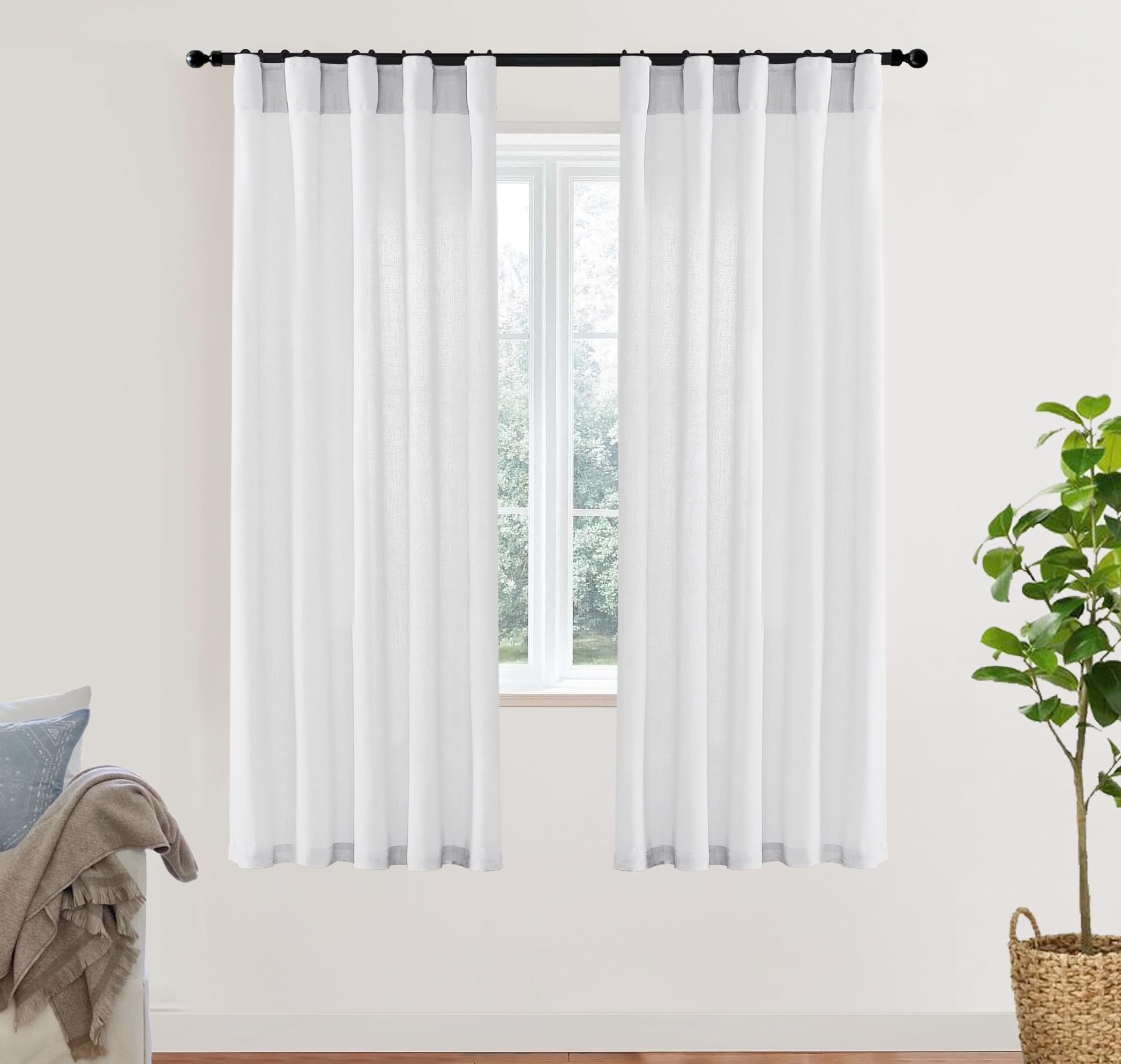XTMYI 90 Inches Long Sheer Linen Curtains 2 Panels Set,Hook Tape Back Tab Semi Sheer Cotton Blend Fabric Modern Cottage Core Cottagecore Curtain Drapes for Living Room Bedroom,50x90 in Length