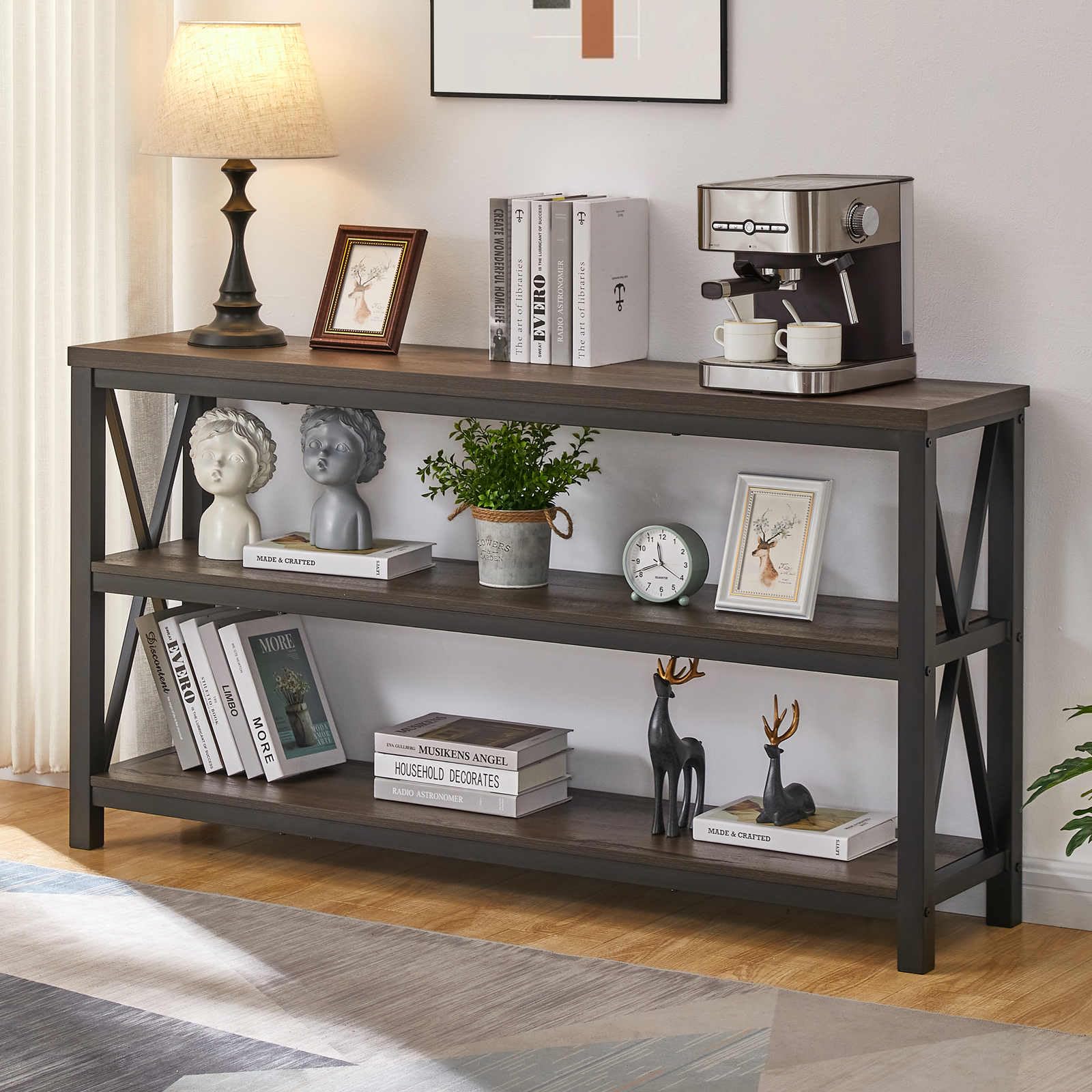 FATORRI Console Table for Entryway, Modern Entry Table with 3 Tier Shelves, Couch Tables Behind Sofa for Living Room (55 Inch, Dark Walnut)