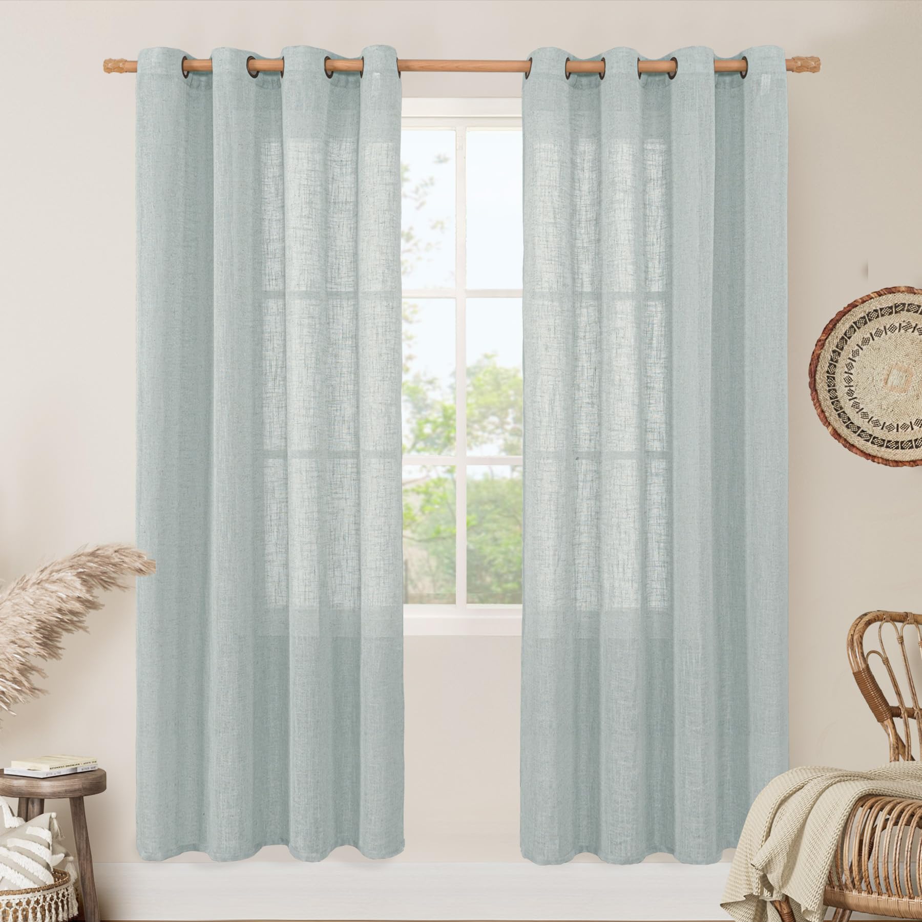 LAMIT Natural Cream Ivory Long Linen Curtains for Living Room, 108 inches Long Bronze Grommet Light Filtering Window Textured Neutral Sheer Drapes for Bedroom Farmhouse, 2 Panels, 52 x 108 Inch