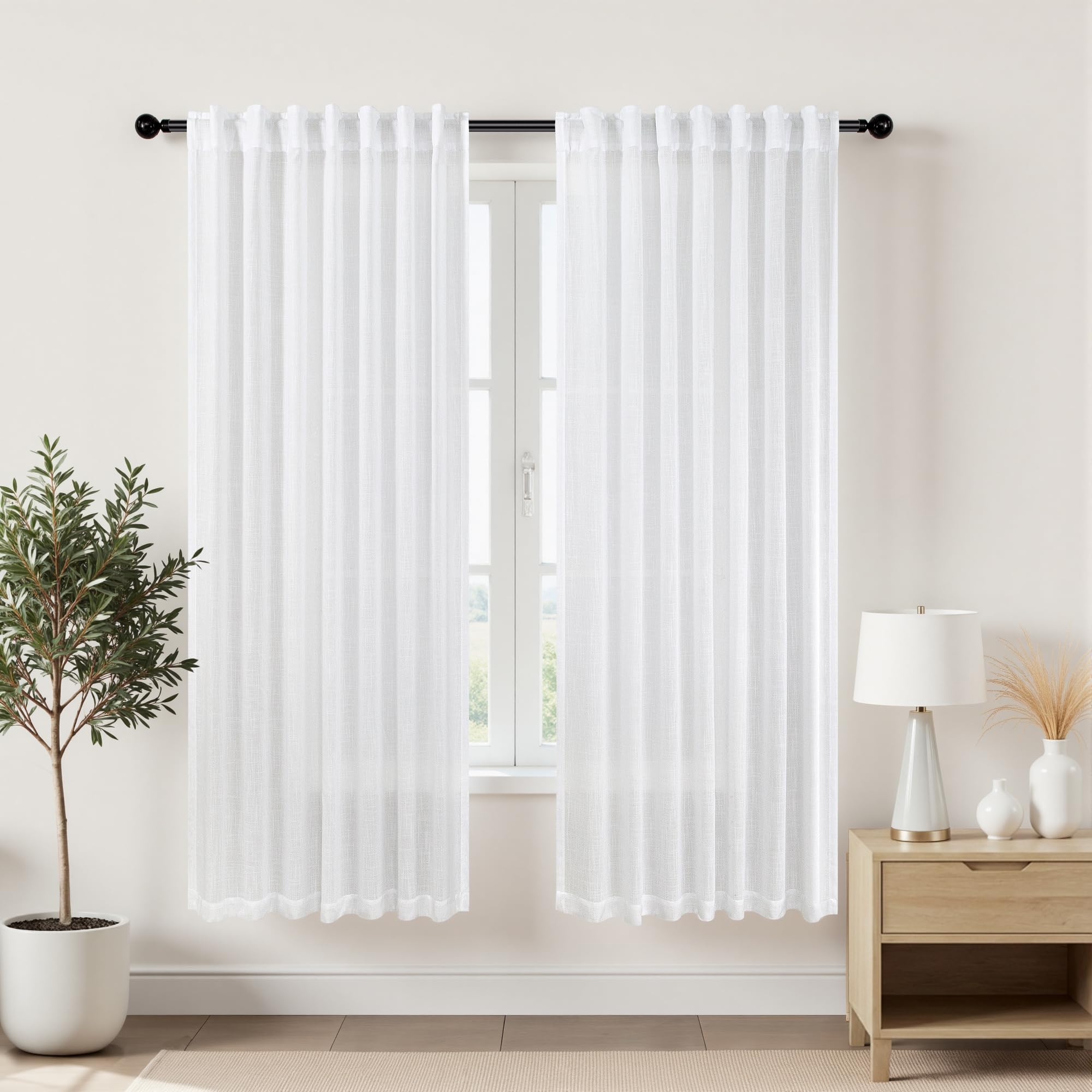 KOUFALL 92 Inch Curtains for Living Room 2 Panels Set,Light Filtering Farmhouse Boho Linen Semi Sheer Curtain Drapes 92 Inches Long for Bedroom,Cream Ivory