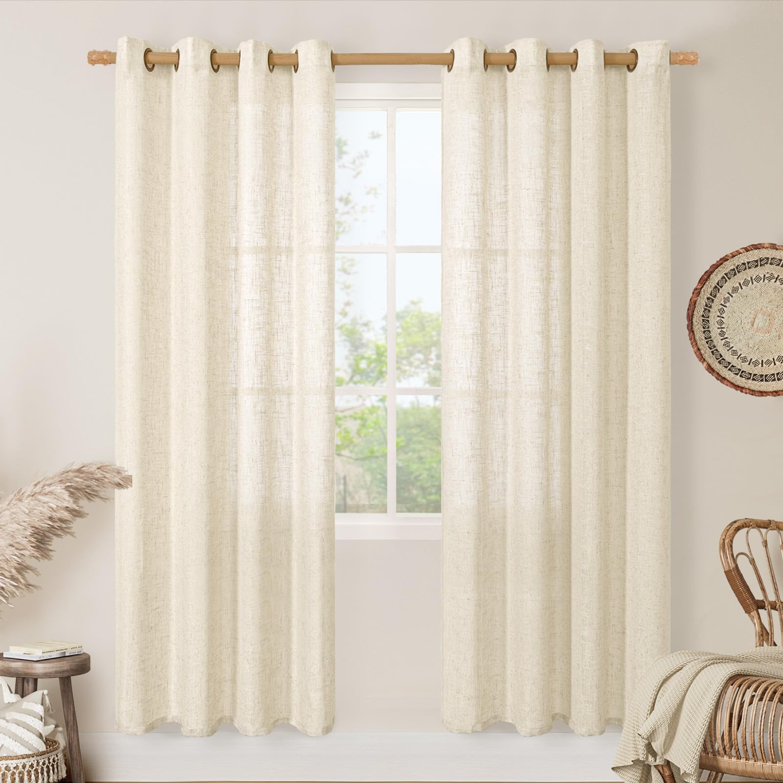 LAMIT Natural Cream Ivory Long Linen Curtains for Living Room, 108 inches Long Bronze Grommet Light Filtering Window Textured Neutral Sheer Drapes for Bedroom Farmhouse, 2 Panels, 52 x 108 Inch