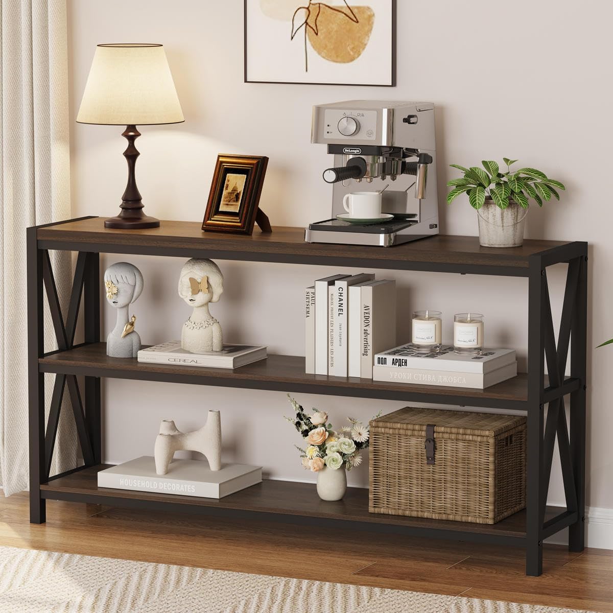 FATORRI Console Table for Entryway, Modern Entry Table with 3 Tier Shelves, Couch Tables Behind Sofa for Living Room (55 Inch, Dark Walnut)