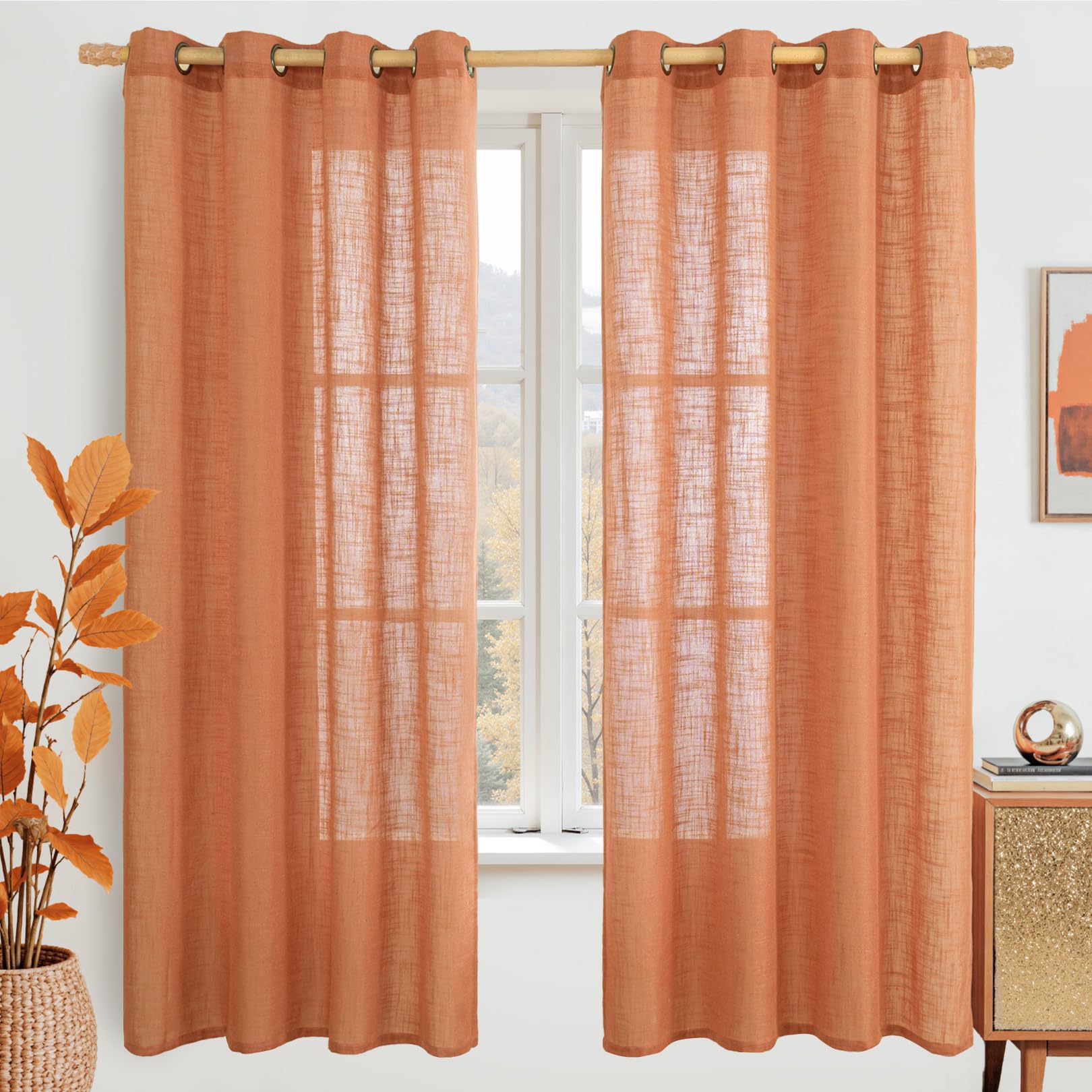 LAMIT Natural Cream Ivory Long Linen Curtains for Living Room, 108 inches Long Bronze Grommet Light Filtering Window Textured Neutral Sheer Drapes for Bedroom Farmhouse, 2 Panels, 52 x 108 Inch