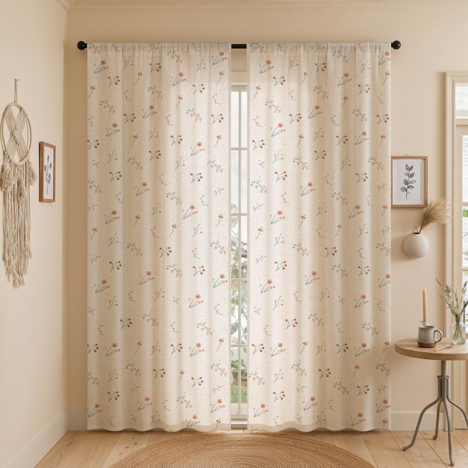 Boho Floral Spring Semi Sheer Curtains 84 Inch Length 2 Panels Set, Linen Texture Farmhouse Light Filtering Curtains Beige Tassel for Bedroom Living Room Vintage Rustic Patterned Printed Rod Pocket