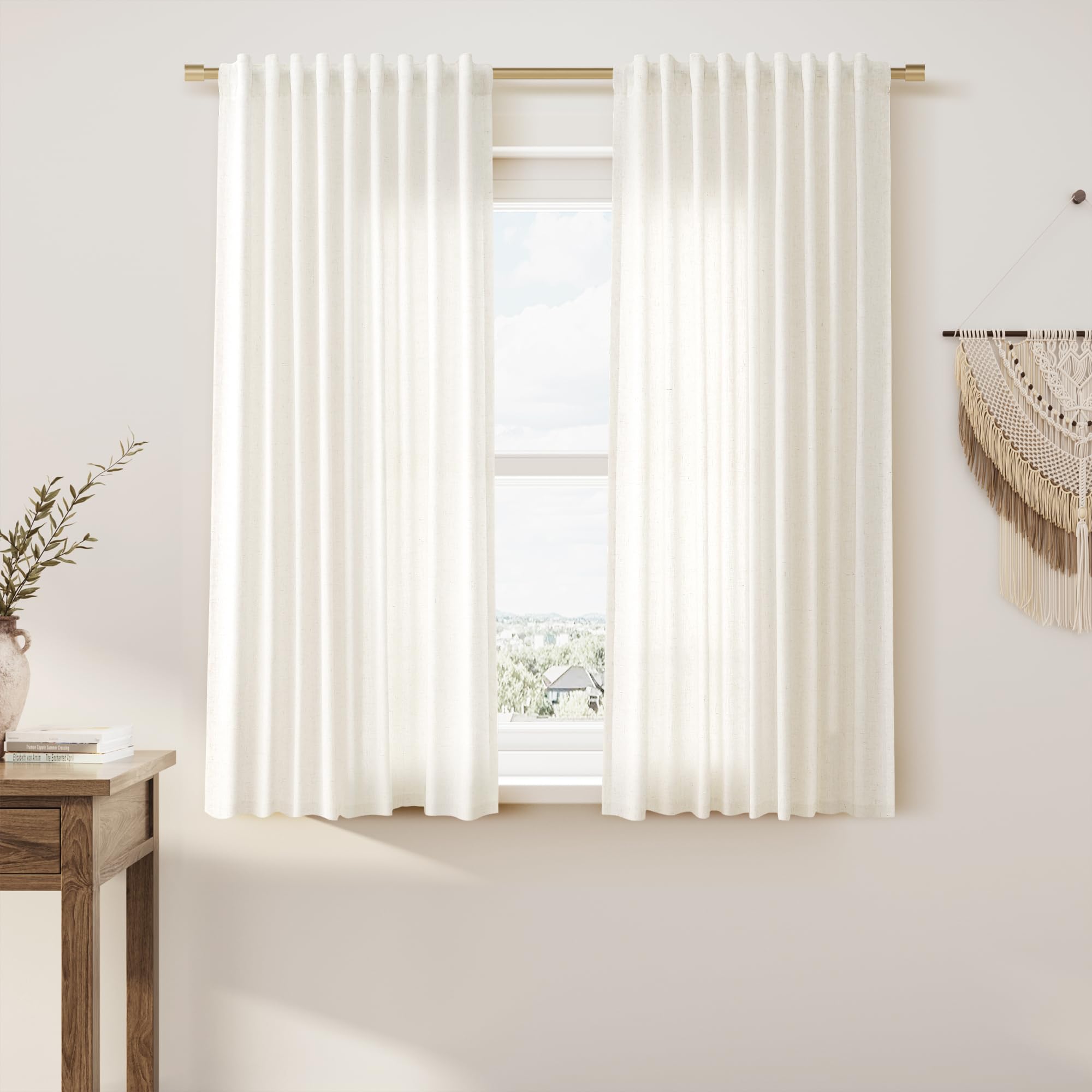 Nanspring Linen Curtains 80 Inches Long for Living Room Semi Sheer Light Filtering Curtain Back Tab Neutral Boho Modern Farmhouse Window Drapes for Bedroom 52x80 2 Panels Cream Ivory Beige Natural