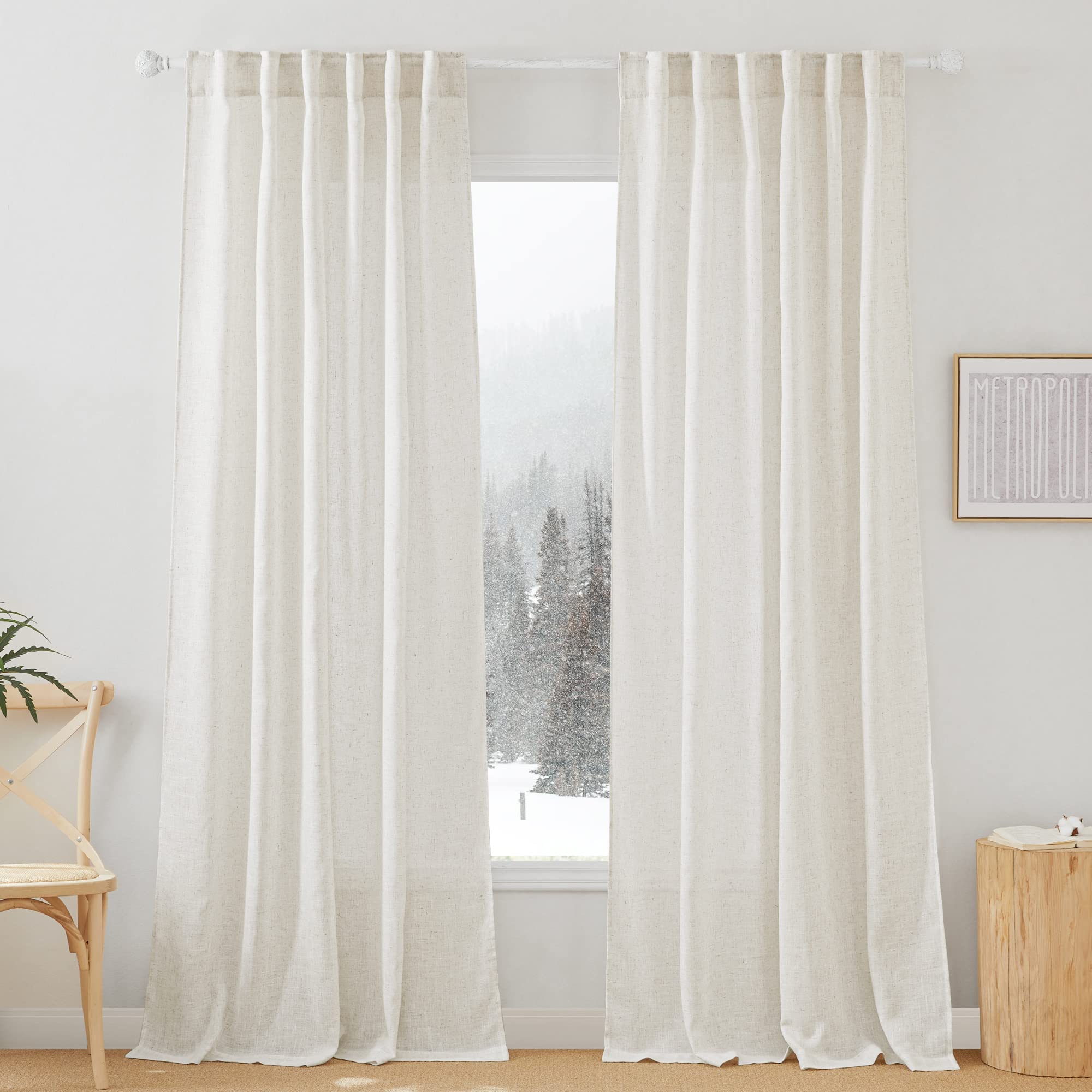 RYB HOME Semi Sheer Curtains 102 inches Long, Back Tab Light Filtration Half Privacy Window Curtains & Drapes for Bedroom Living Room, Linen, W 52 x L 102 inches, 2 Panels Set