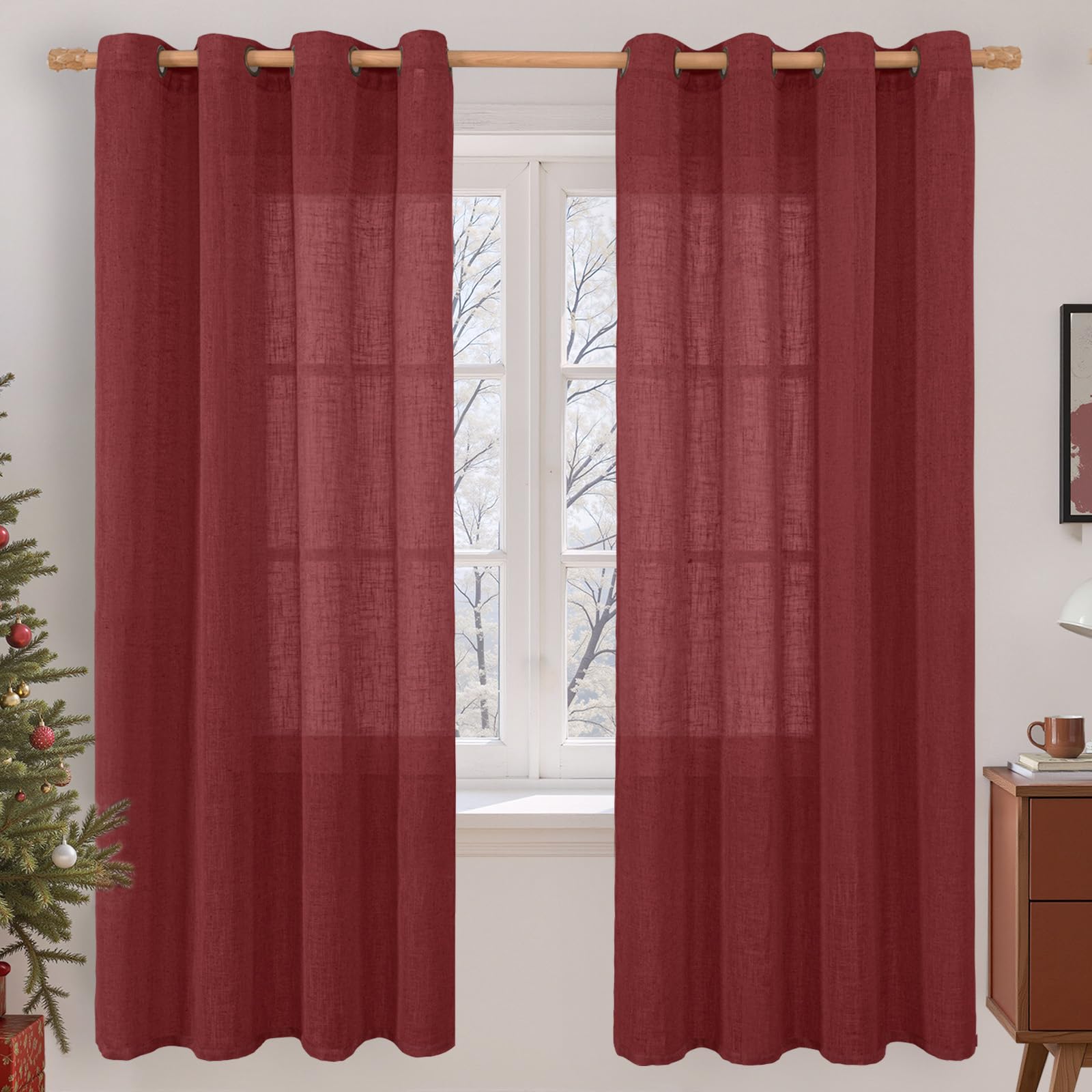 LAMIT Natural Cream Ivory Long Linen Curtains for Living Room, 108 inches Long Bronze Grommet Light Filtering Window Textured Neutral Sheer Drapes for Bedroom Farmhouse, 2 Panels, 52 x 108 Inch