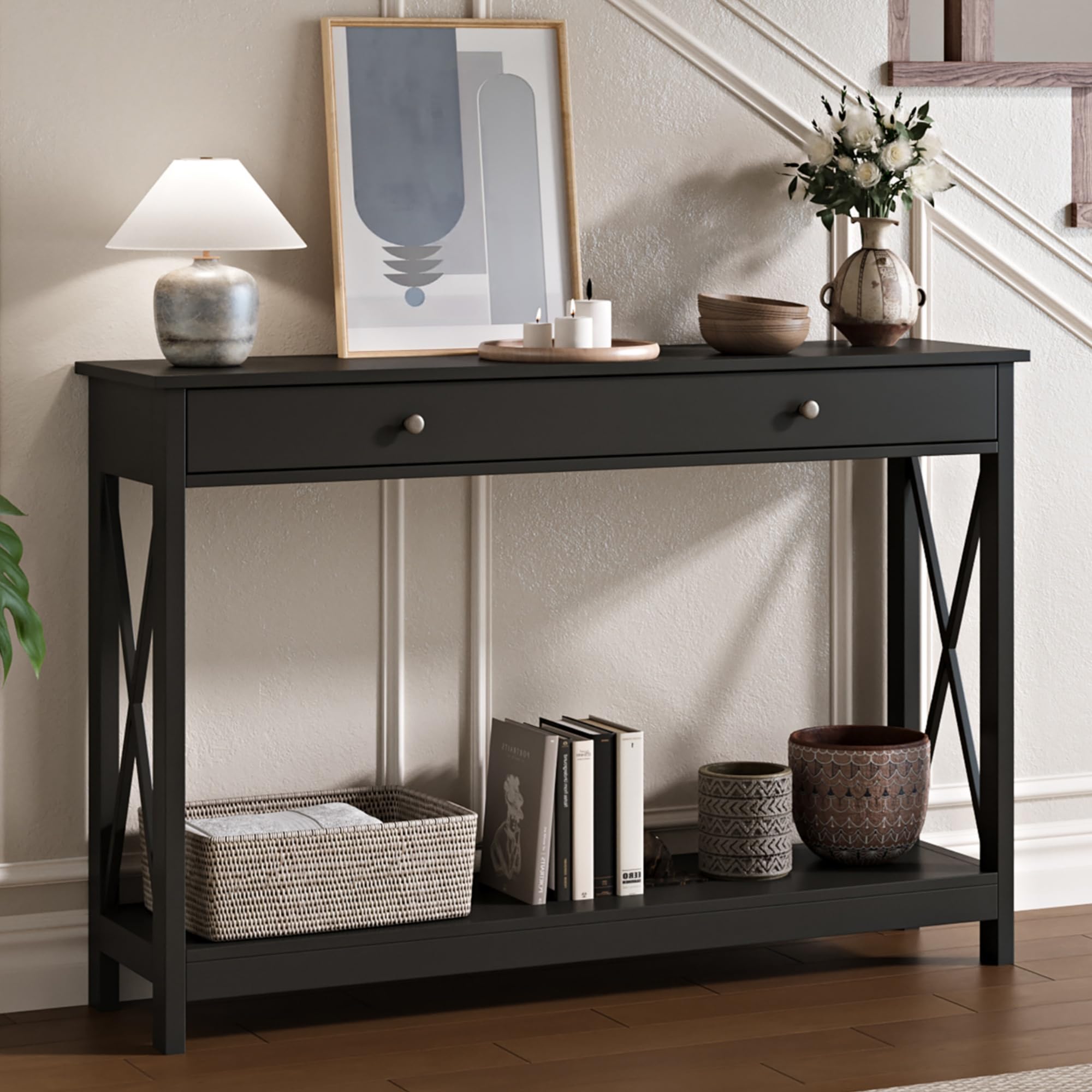 Treocho Black Console Table with Drawer and Storage Shelves, Foyer Sofa Table Narrow for Entryway, Living Room, Hallway