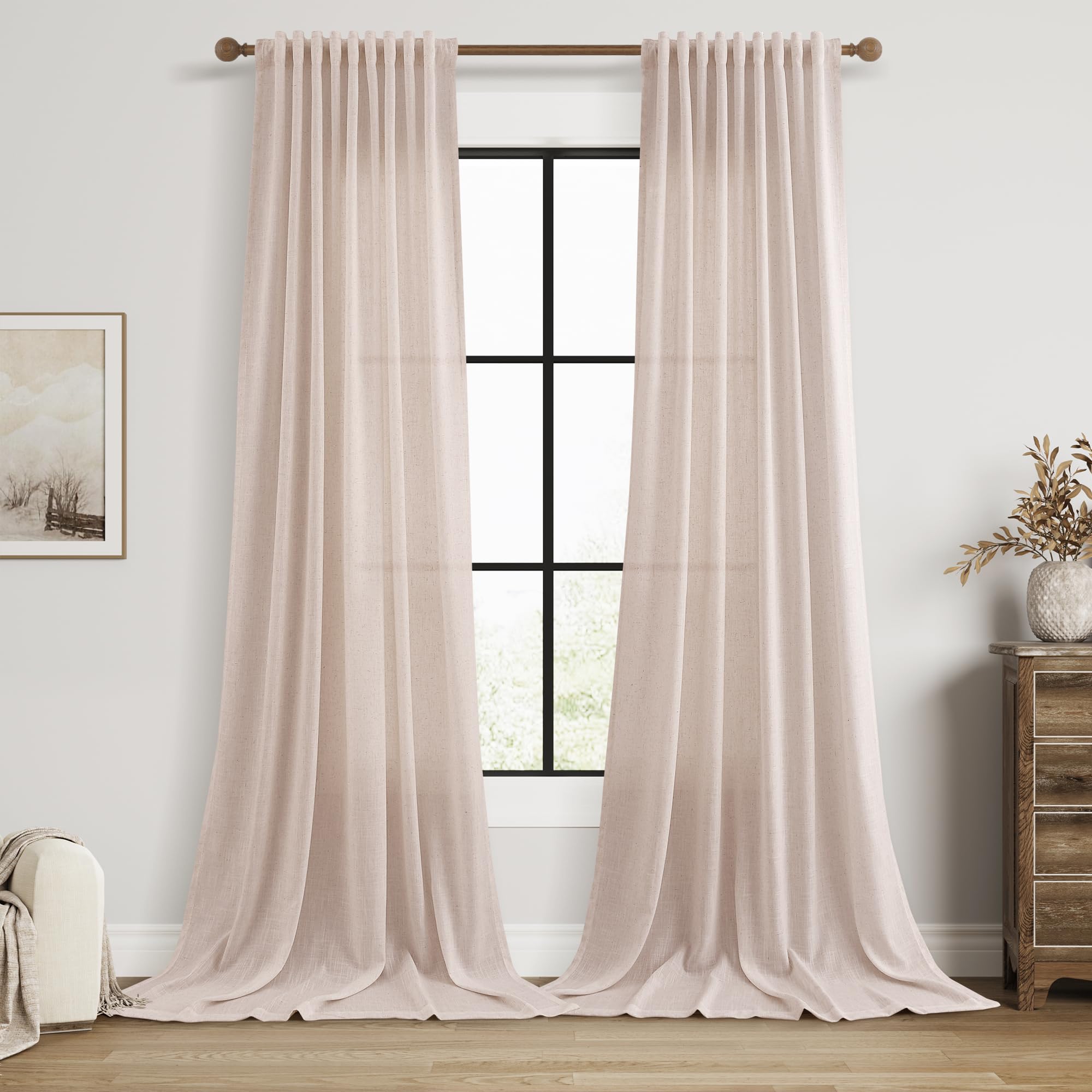 Nanspring Linen Curtains 80 Inches Long for Living Room Semi Sheer Light Filtering Curtain Back Tab Neutral Boho Modern Farmhouse Window Drapes for Bedroom 52x80 2 Panels Cream Ivory Beige Natural