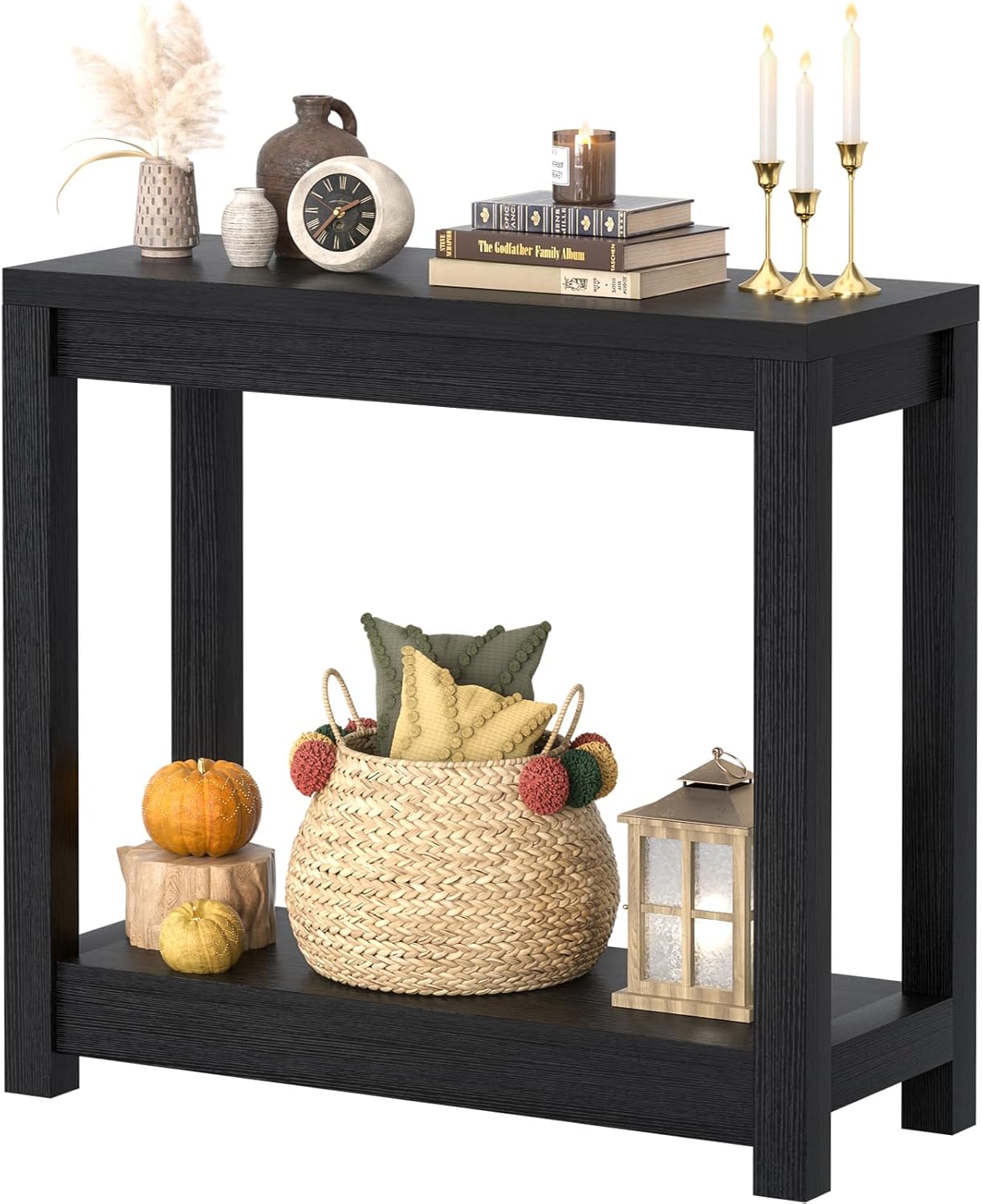 Besiost 32" Black Grain Wood Narrow Entryway Table with Shelf Storage & Simple Assembly