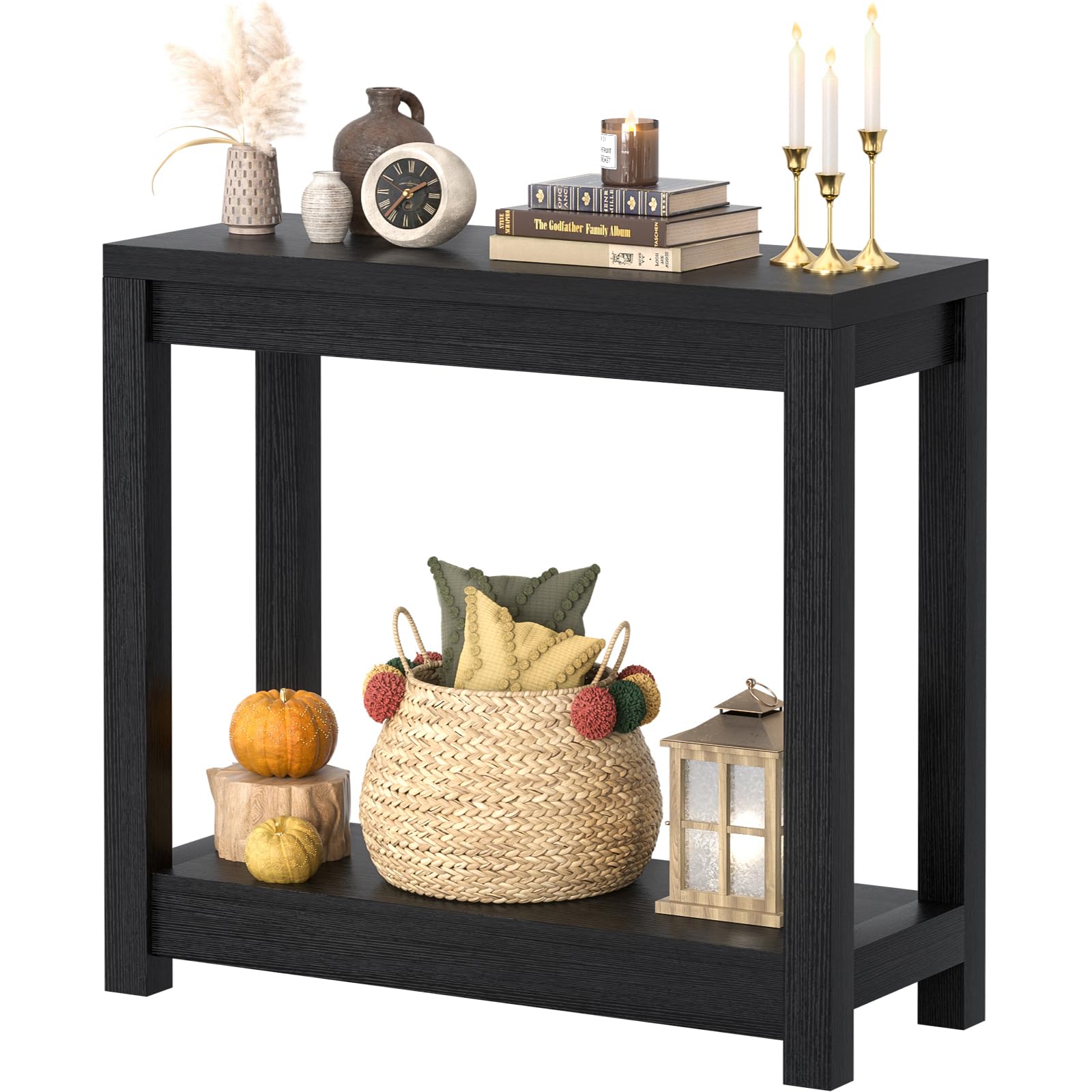 Besiost 32" Black Grain Wood Narrow Entryway Table with Shelf Storage & Simple Assembly