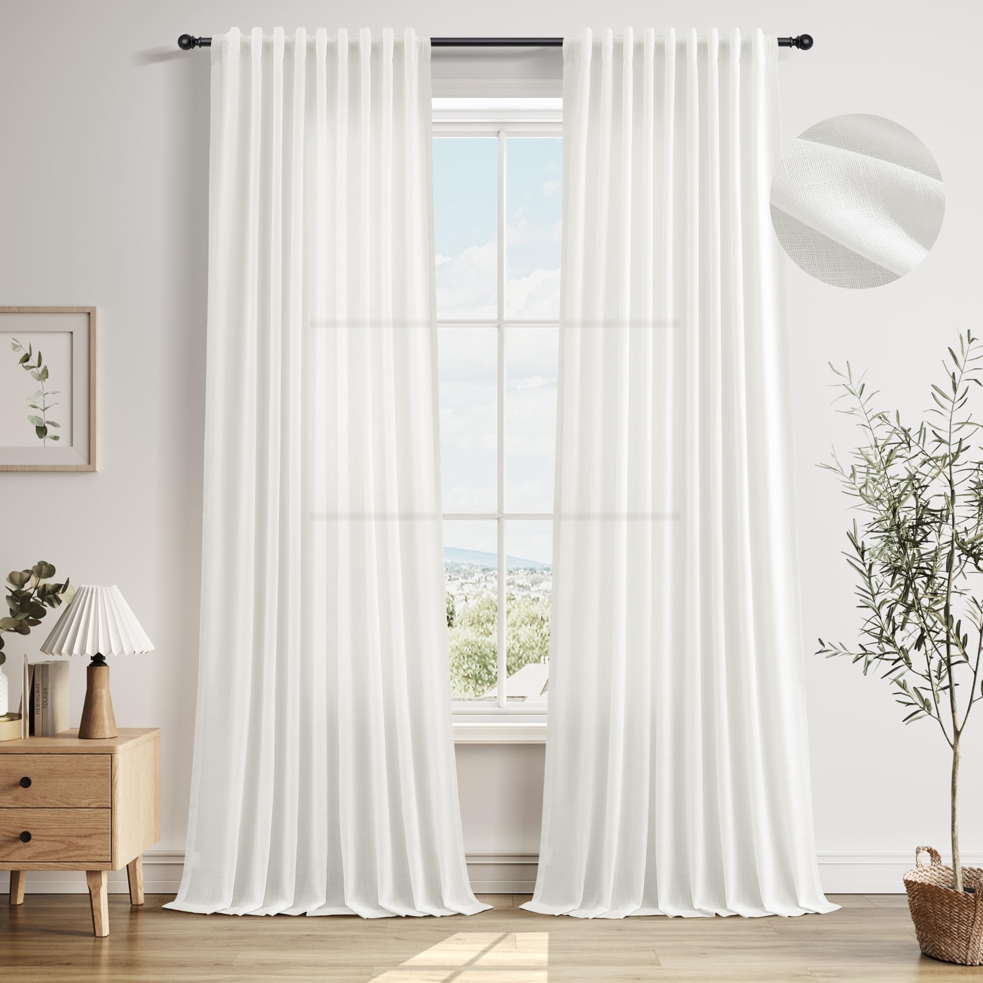 Nanspring Linen Curtains 80 Inches Long for Living Room Semi Sheer Light Filtering Curtain Back Tab Neutral Boho Modern Farmhouse Window Drapes for Bedroom 52x80 2 Panels Cream Ivory Beige Natural