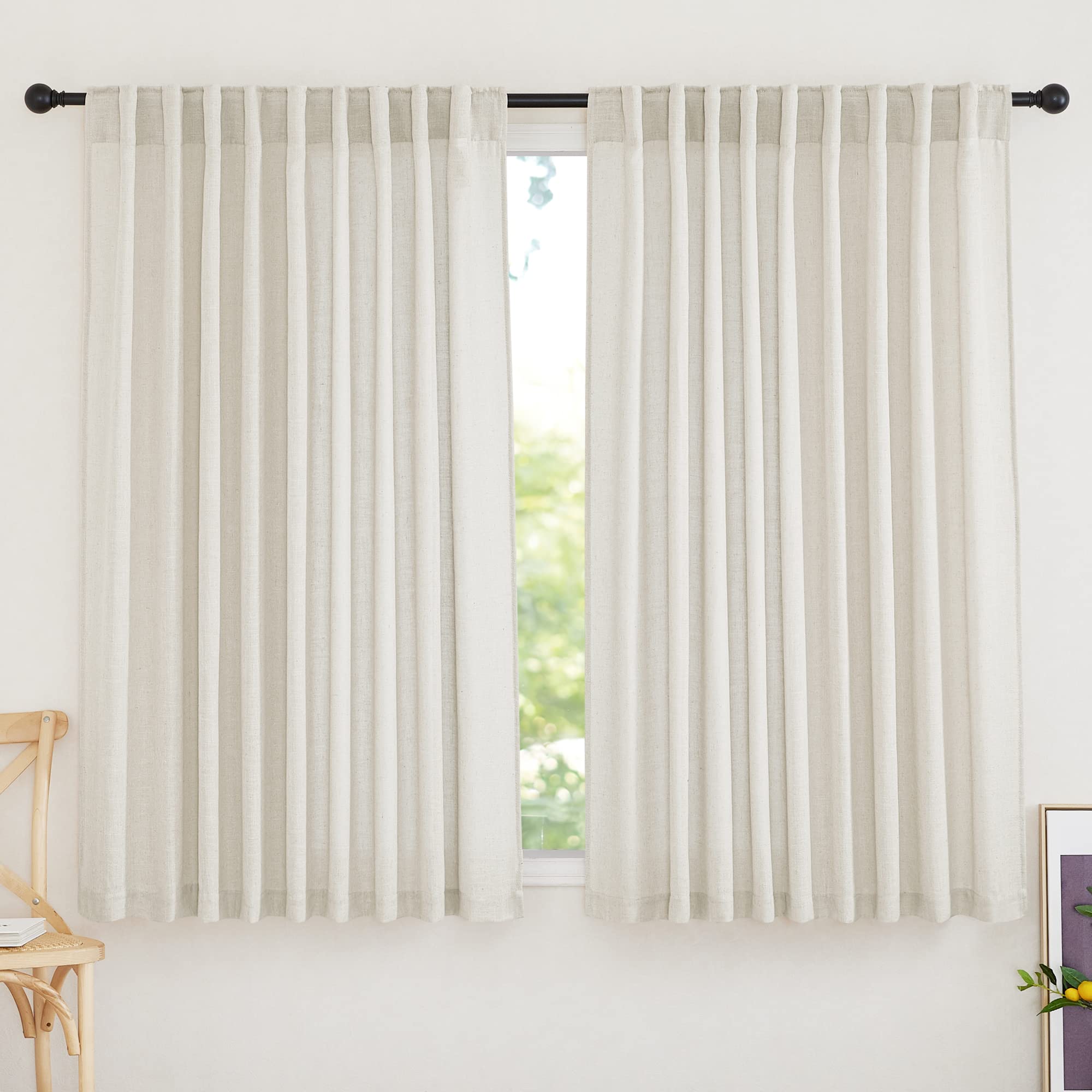 RYB HOME Semi Sheer Curtains 102 inches Long, Back Tab Light Filtration Half Privacy Window Curtains & Drapes for Bedroom Living Room, Linen, W 52 x L 102 inches, 2 Panels Set