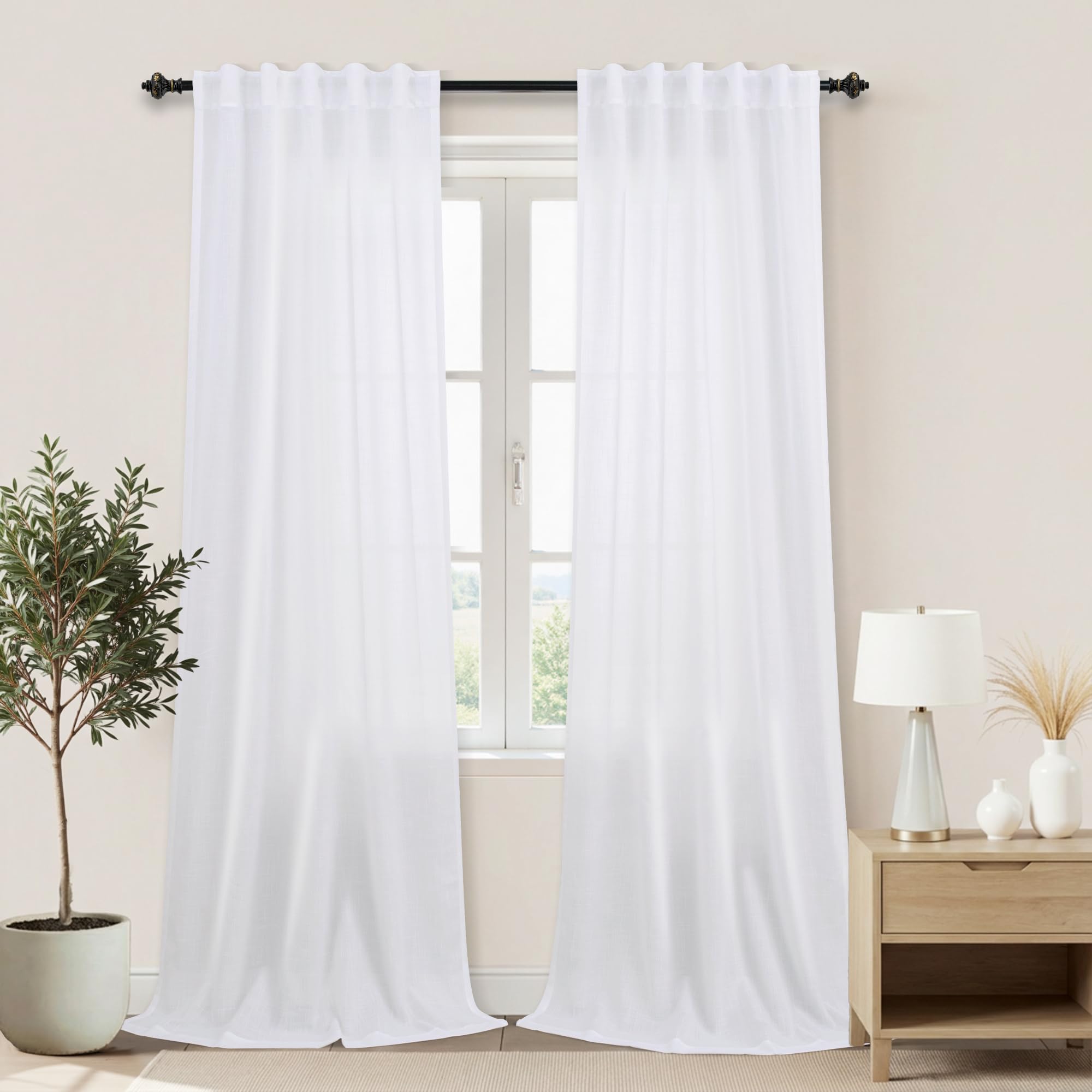 KOUFALL 92 Inch Curtains for Living Room 2 Panels Set,Light Filtering Farmhouse Boho Linen Semi Sheer Curtain Drapes 92 Inches Long for Bedroom,Cream Ivory