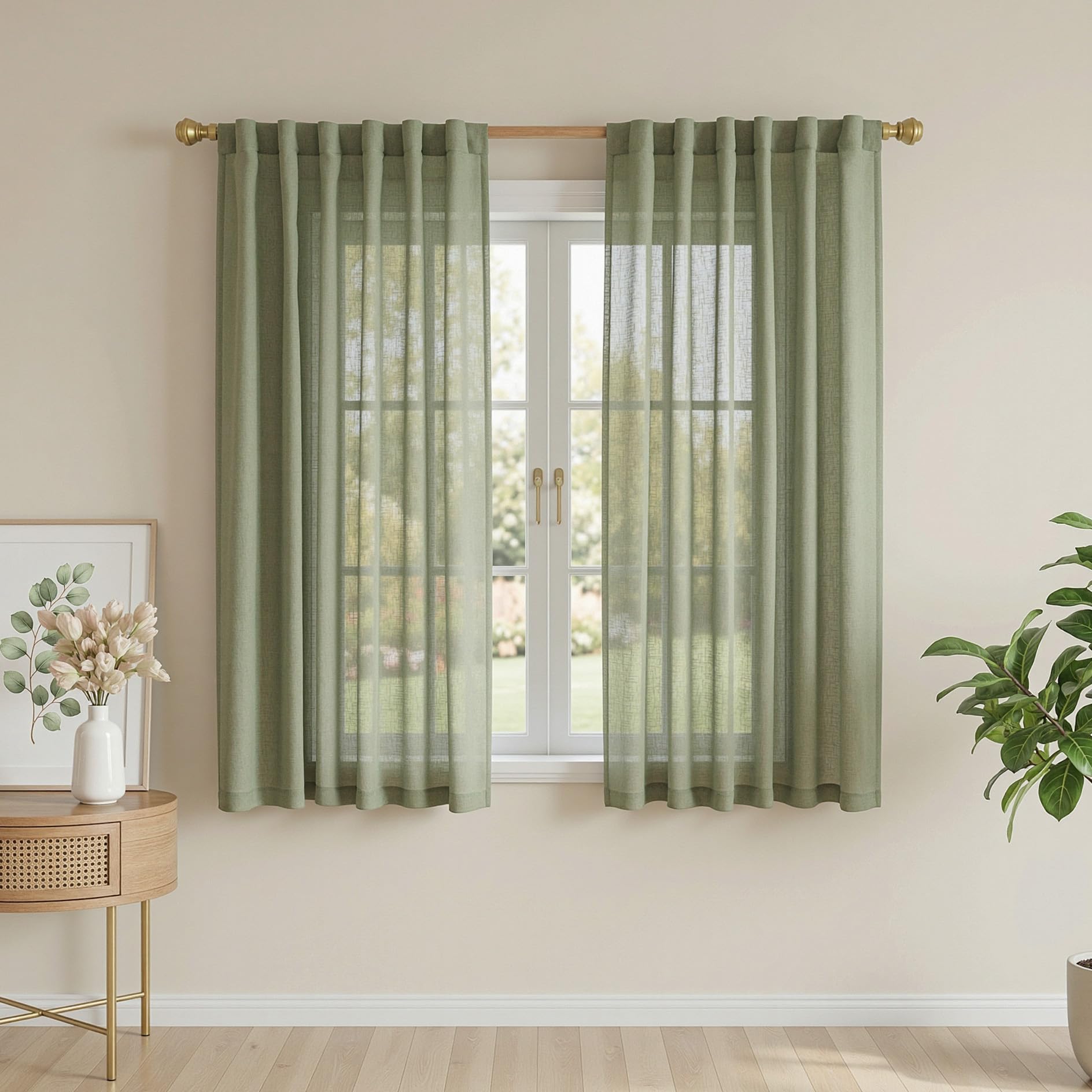MYSKY HOME Country Curtains for Sliding Glass Door, Back Tab Semi Sheer Curtain Panels Extra Long Floor Length Drapes Linen Texture Soft Touch, 50x108 Inch, Linen, Set of 2