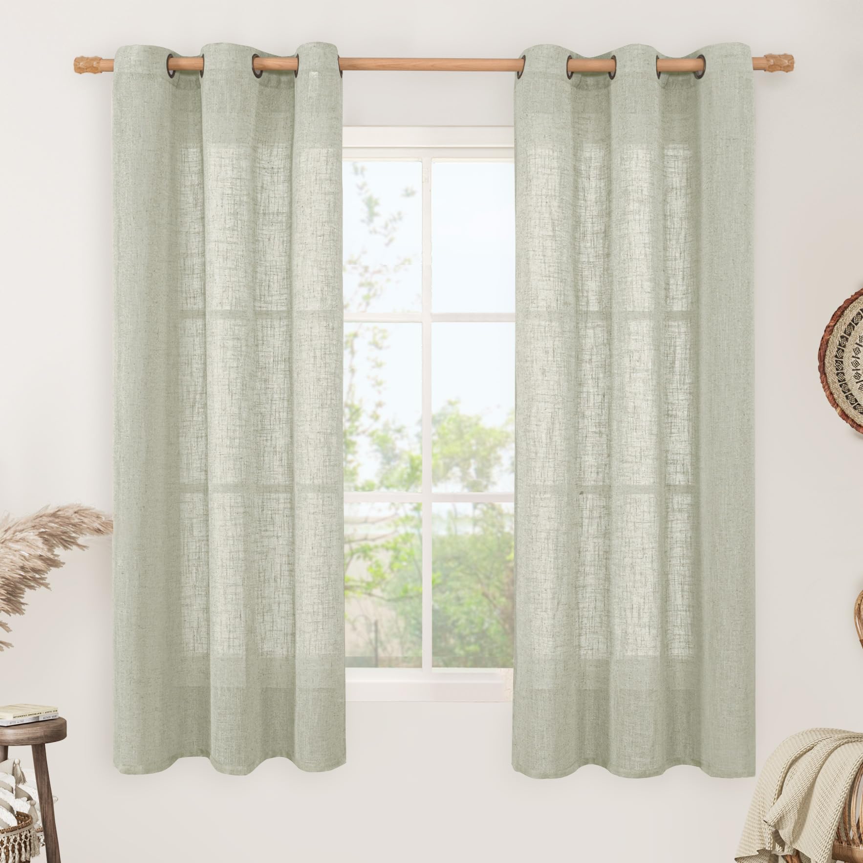 LAMIT Natural Cream Ivory Long Linen Curtains for Living Room, 108 inches Long Bronze Grommet Light Filtering Window Textured Neutral Sheer Drapes for Bedroom Farmhouse, 2 Panels, 52 x 108 Inch