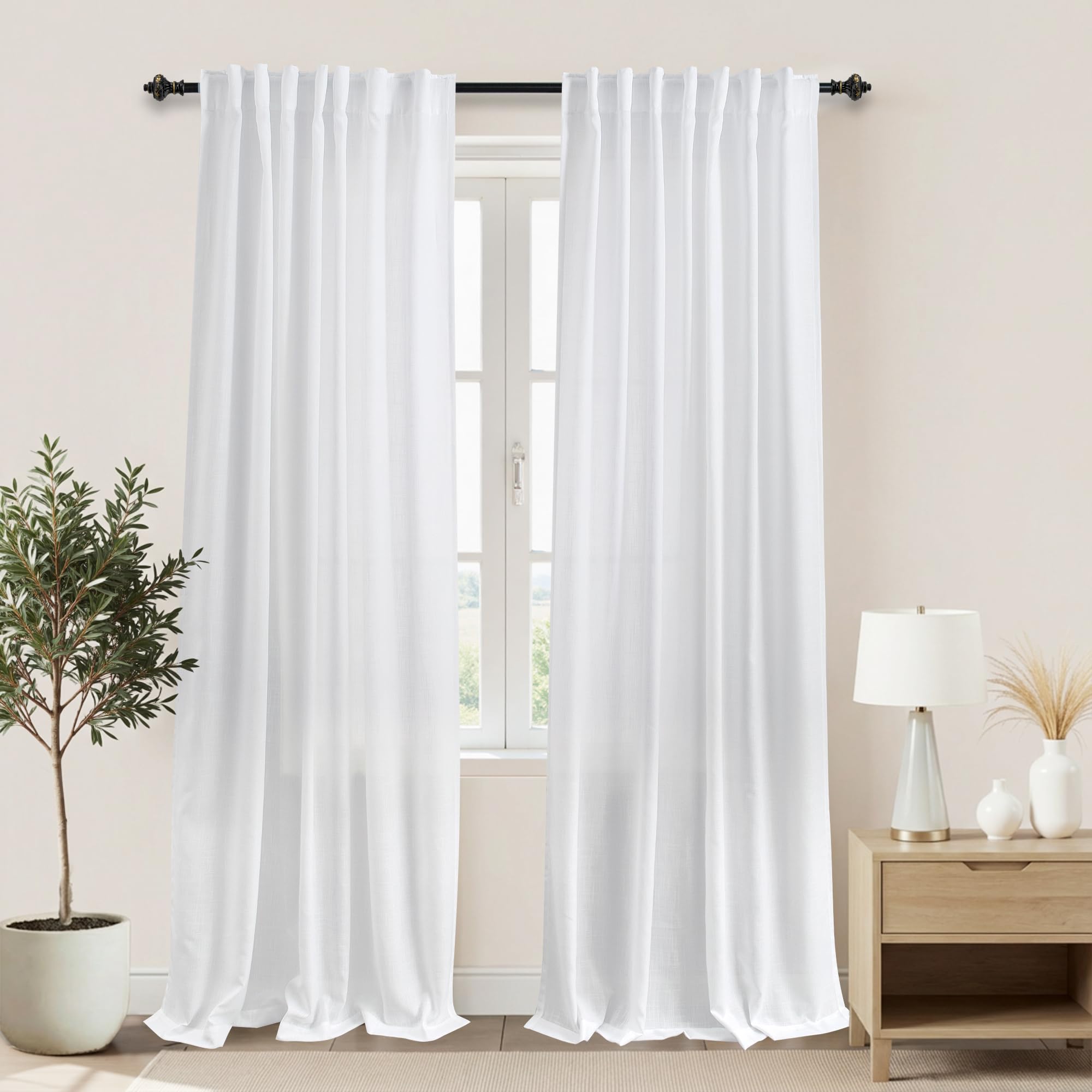 KOUFALL 92 Inch Curtains for Living Room 2 Panels Set,Light Filtering Farmhouse Boho Linen Semi Sheer Curtain Drapes 92 Inches Long for Bedroom,Cream Ivory