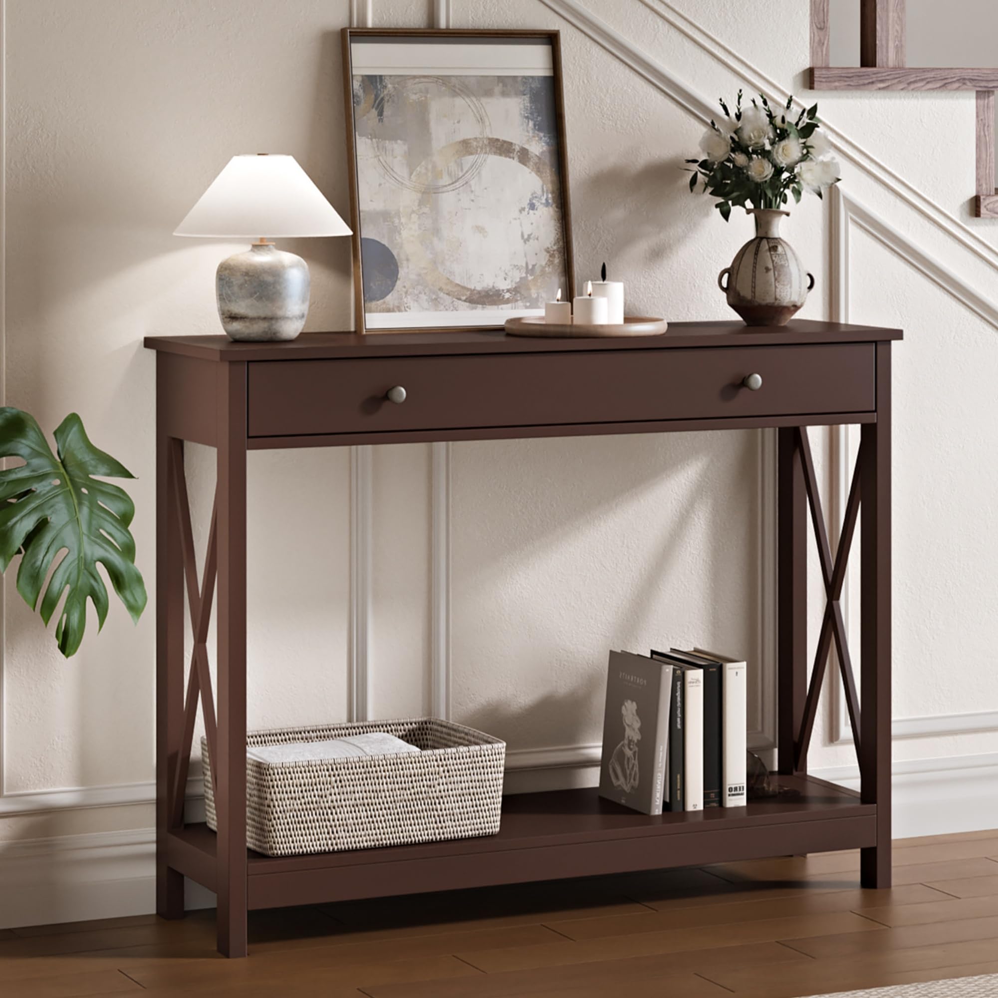 Treocho Black Console Table with Drawer and Storage Shelves, Foyer Sofa Table Narrow for Entryway, Living Room, Hallway