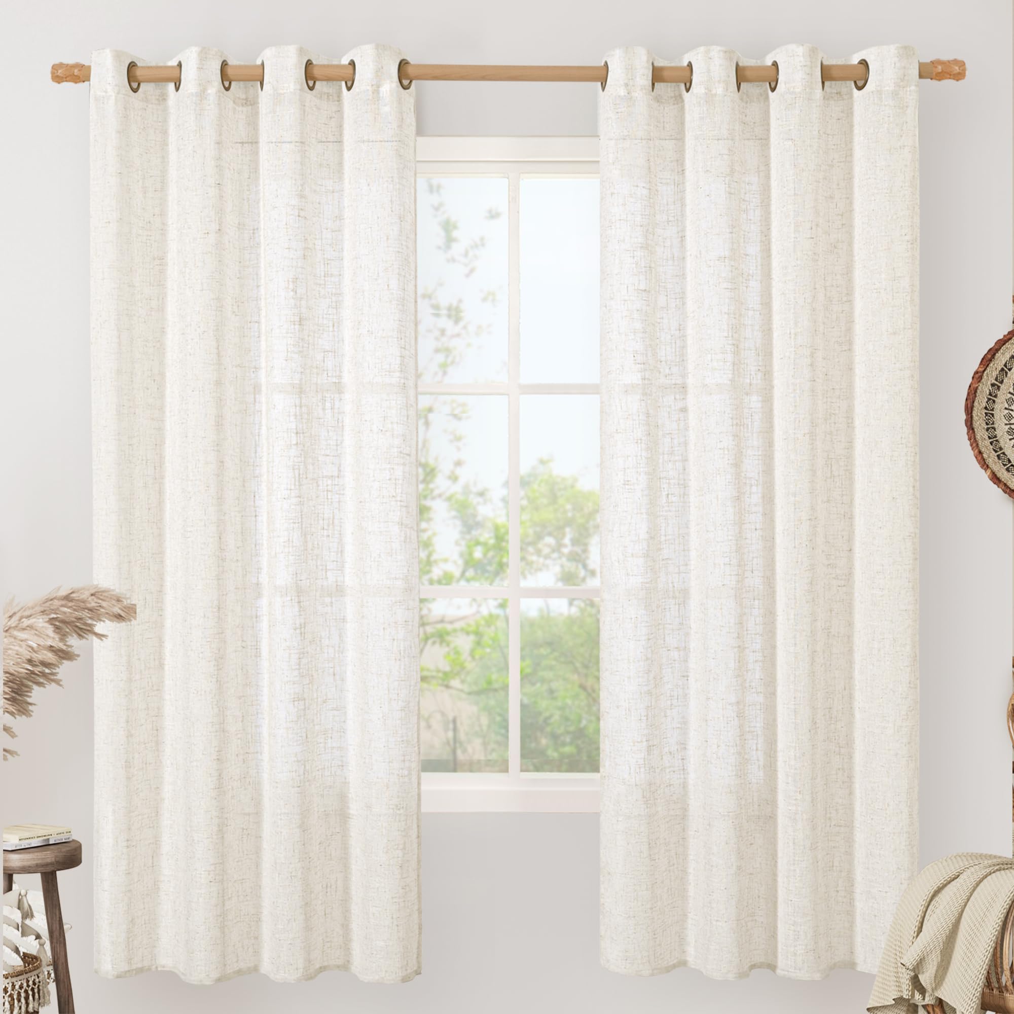 LAMIT Natural Cream Ivory Long Linen Curtains for Living Room, 108 inches Long Bronze Grommet Light Filtering Window Textured Neutral Sheer Drapes for Bedroom Farmhouse, 2 Panels, 52 x 108 Inch