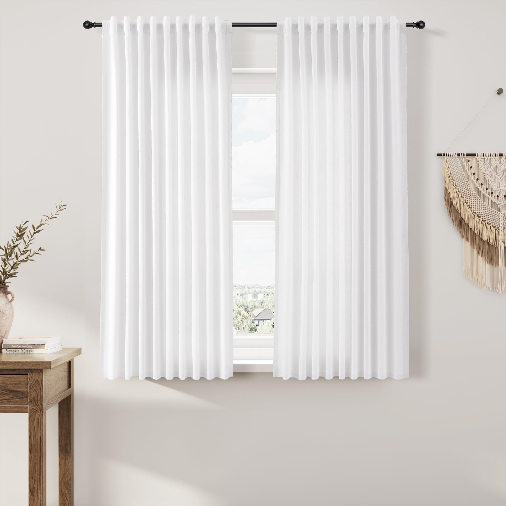 Nanspring Linen Curtains 80 Inches Long for Living Room Semi Sheer Light Filtering Curtain Back Tab Neutral Boho Modern Farmhouse Window Drapes for Bedroom 52x80 2 Panels Cream Ivory Beige Natural