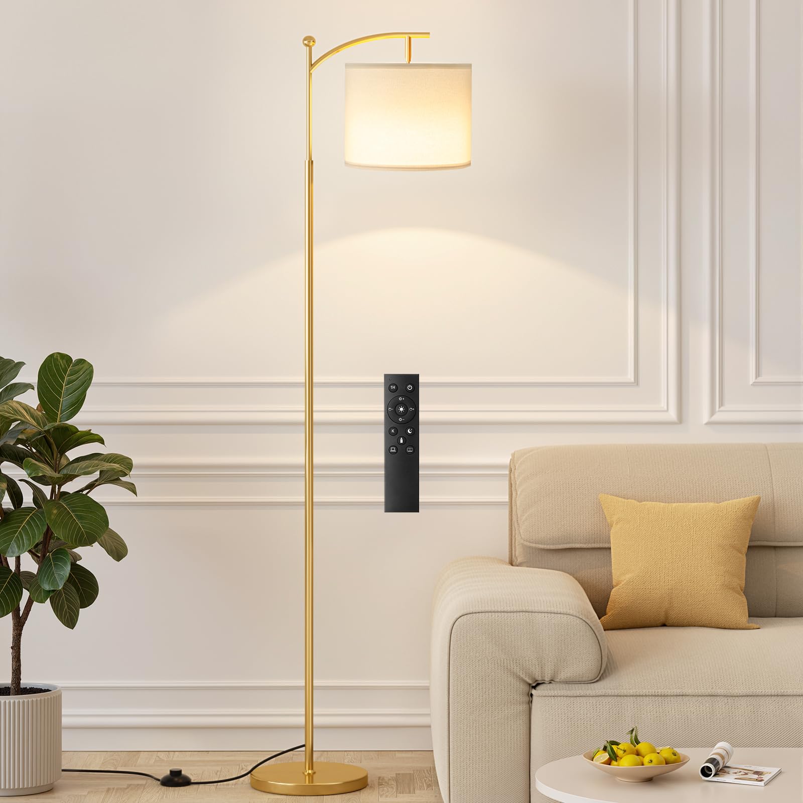 Ambimall 60" Floor Lamp with Remote Control and Stepless Dimmable Bulb, Colors Temperature & Brightness Adjustable, Modern Floor Lamps for Living Room（Beige Shade & Black Pole）
