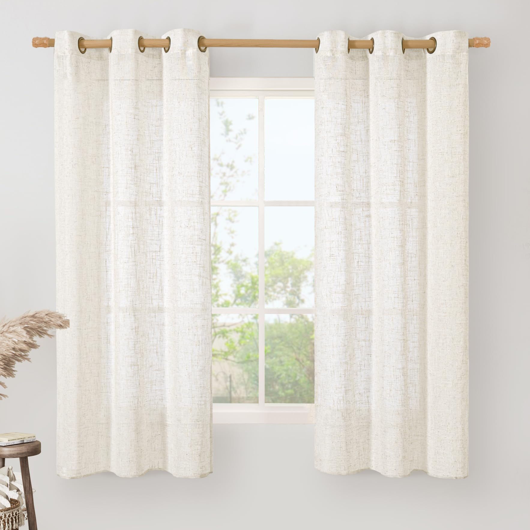 LAMIT Natural Cream Ivory Long Linen Curtains for Living Room, 108 inches Long Bronze Grommet Light Filtering Window Textured Neutral Sheer Drapes for Bedroom Farmhouse, 2 Panels, 52 x 108 Inch