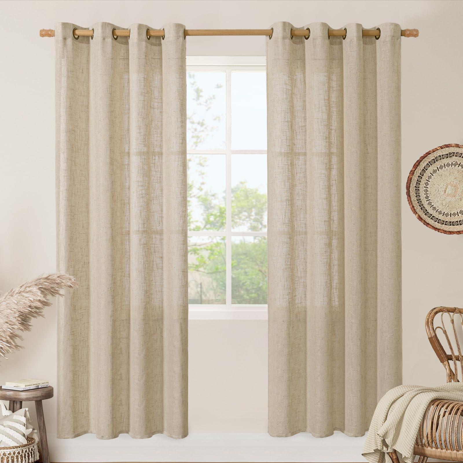 LAMIT Natural Cream Ivory Long Linen Curtains for Living Room, 108 inches Long Bronze Grommet Light Filtering Window Textured Neutral Sheer Drapes for Bedroom Farmhouse, 2 Panels, 52 x 108 Inch