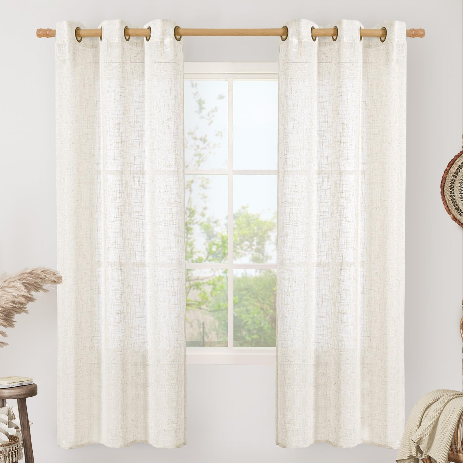 LAMIT Natural Cream Ivory Long Linen Curtains for Living Room, 108 inches Long Bronze Grommet Light Filtering Window Textured Neutral Sheer Drapes for Bedroom Farmhouse, 2 Panels, 52 x 108 Inch