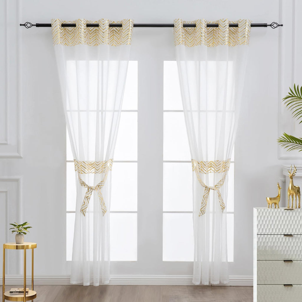 L.Z.E Gold White Sheer Curtains 108 Inches Long 2 Panels Set for Living Room Bedroom See Through Sheer Curtains Grommet Top Transparent Sheers with Wave Pattern Extra Long