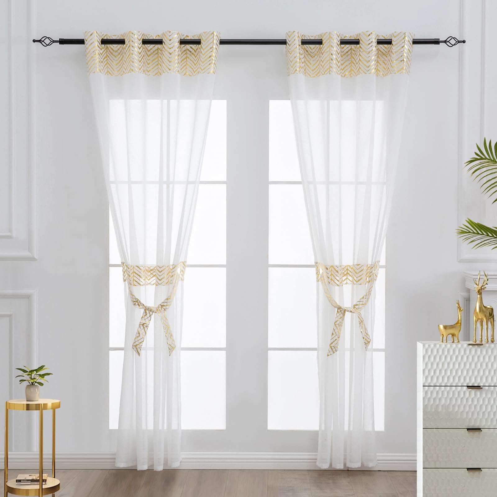 L.Z.E Gold White Sheer Curtains 108 Inches Long 2 Panels Set for Living Room Bedroom See Through Sheer Curtains Grommet Top Transparent Sheers with Wave Pattern Extra Long