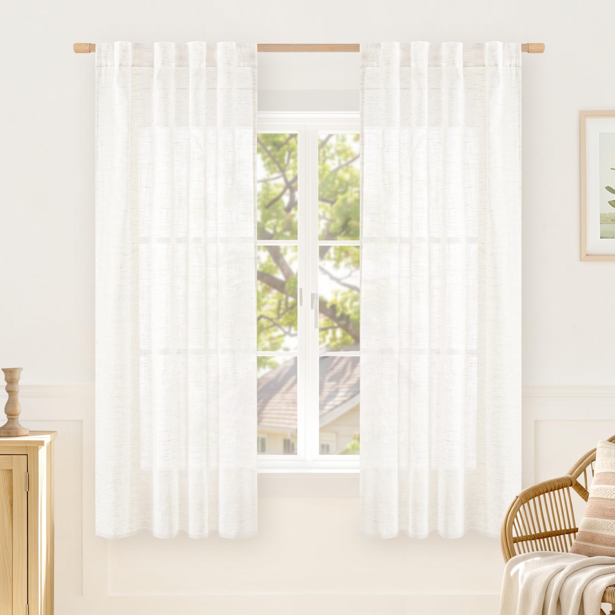 LAMIT Natural Linen Sheer Curtains 90 Inches Long 2 Panels, Long Light Filtering Window Treatments Back Tab and Rod Pocket Farmhouse Boho Panels for Living Room/Bedroom/Dining Room, 52 x 90 Inch