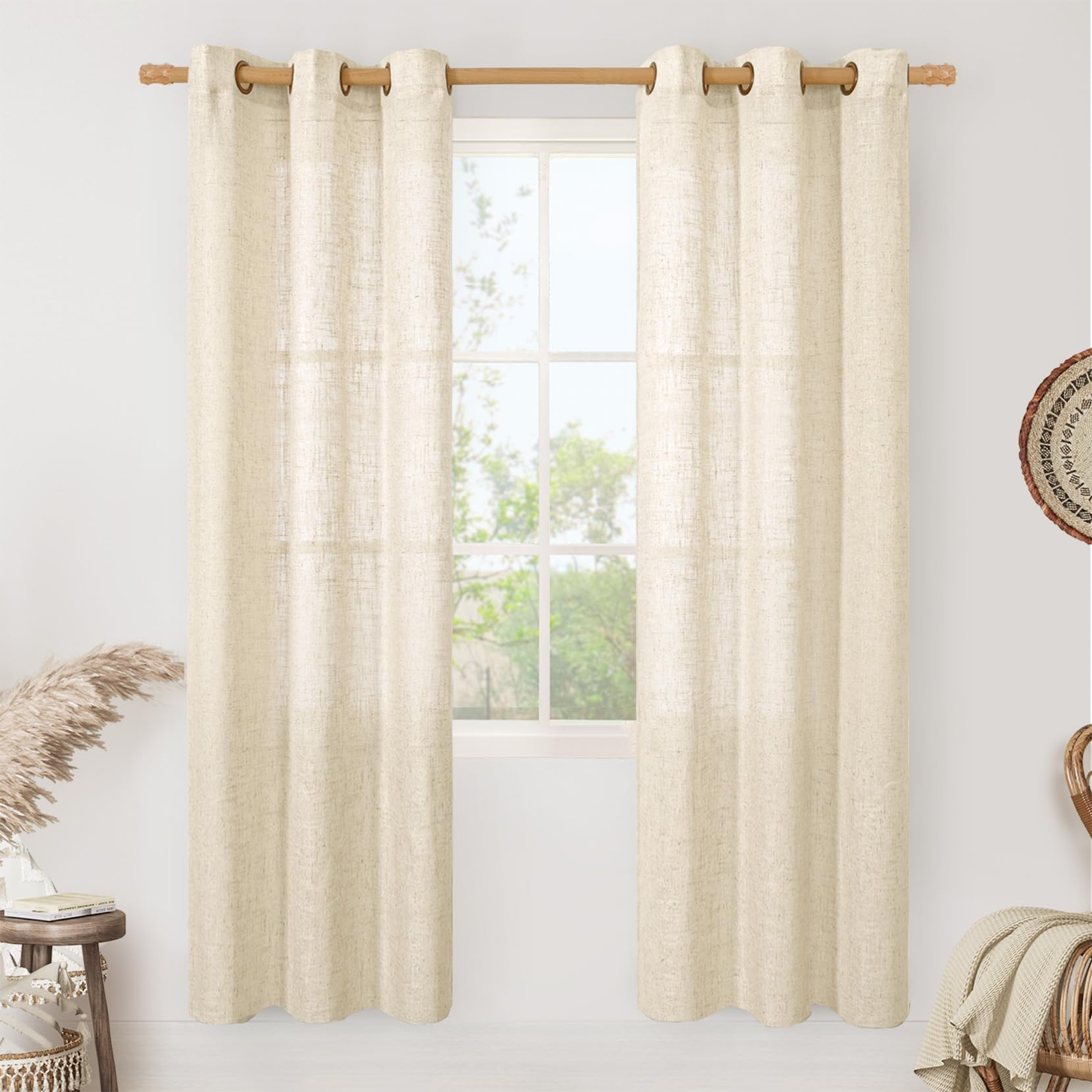LAMIT Natural Cream Ivory Long Linen Curtains for Living Room, 108 inches Long Bronze Grommet Light Filtering Window Textured Neutral Sheer Drapes for Bedroom Farmhouse, 2 Panels, 52 x 108 Inch