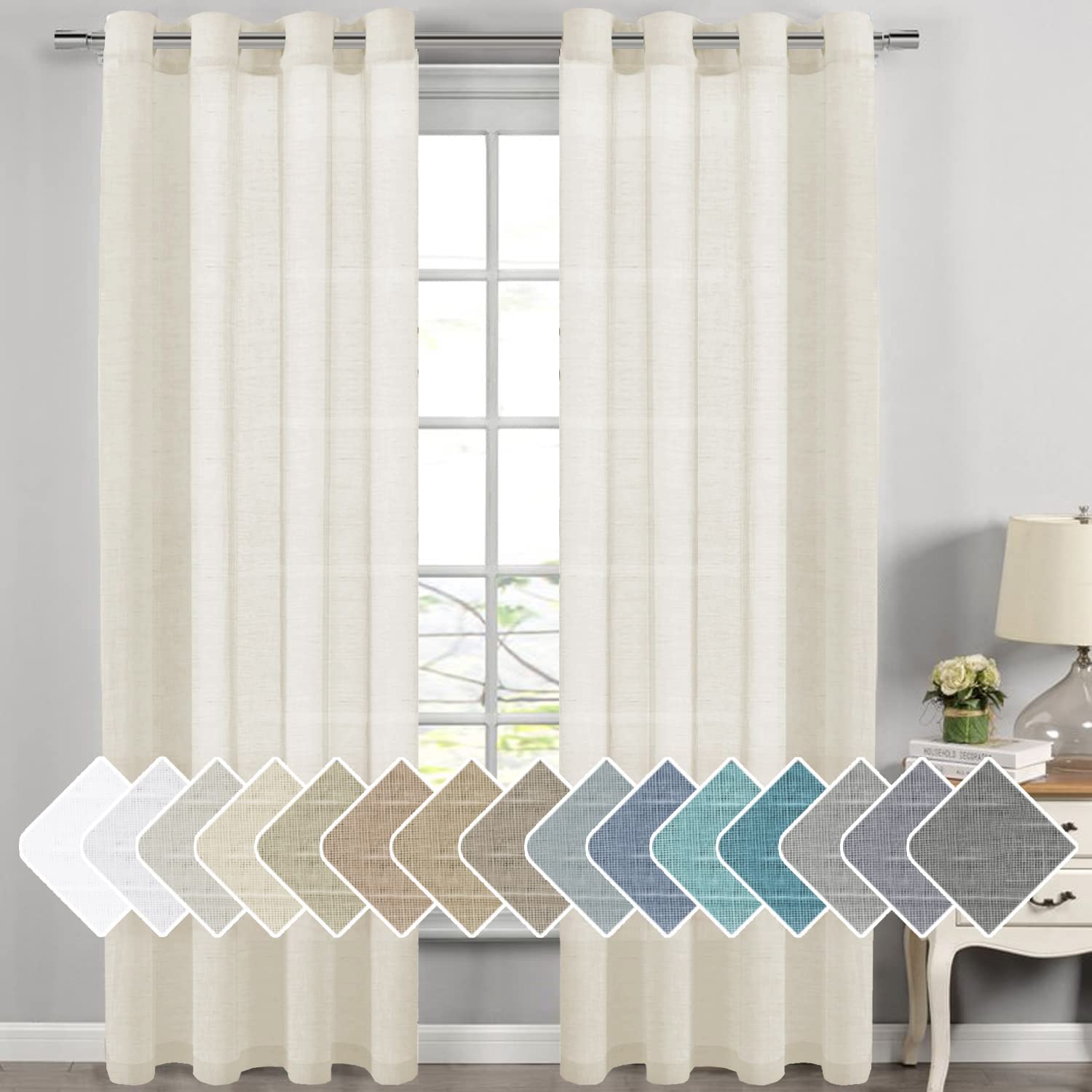 H.VERSAILTEX Linen Curtains Natural Linen Semi-Sheer Curtains 2 Panels Nickel Grommet Privacy Added Premium Soft Rich Material Drapes for Bedroom/Livingroom - 52x108 - Inch - Linen