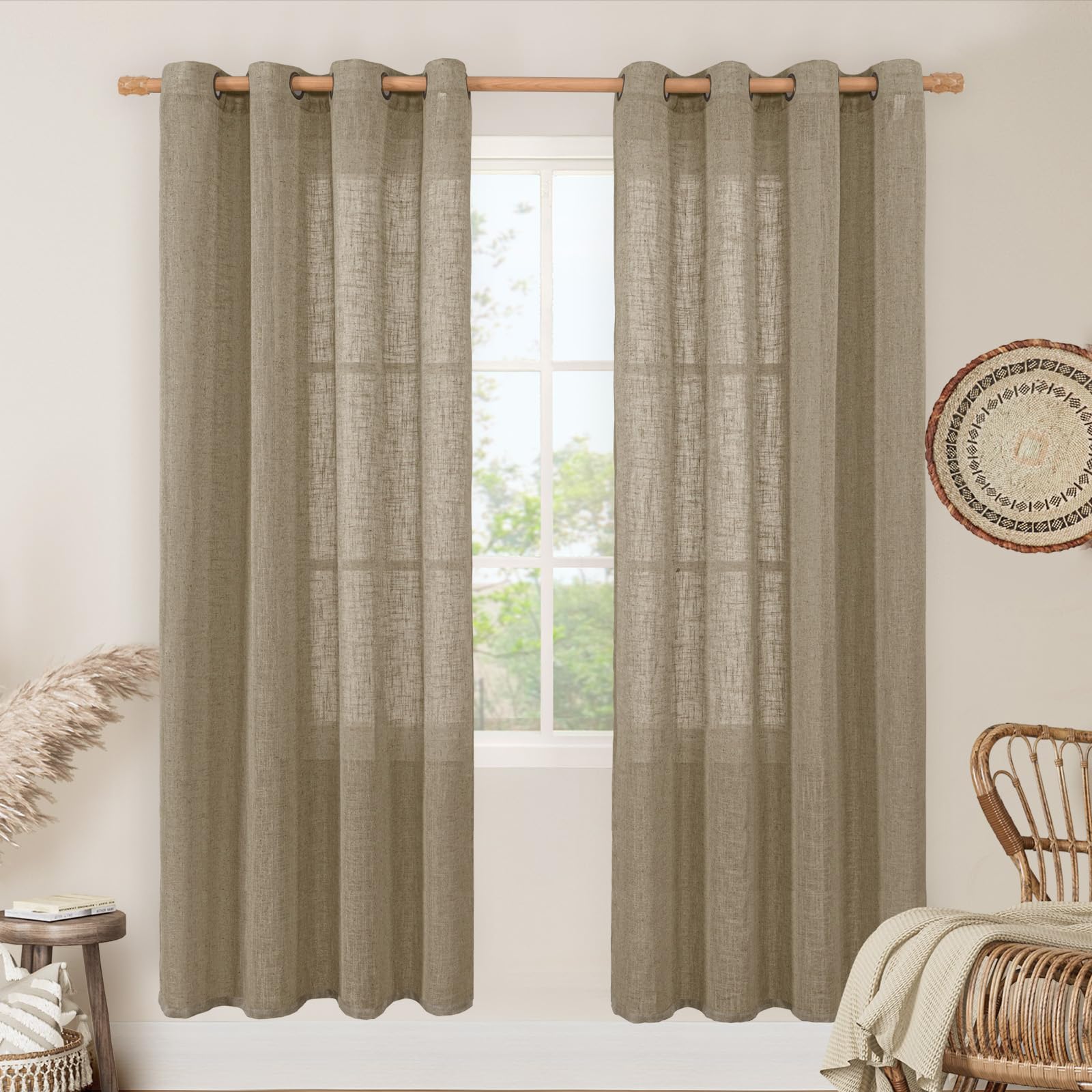 LAMIT Natural Cream Ivory Long Linen Curtains for Living Room, 108 inches Long Bronze Grommet Light Filtering Window Textured Neutral Sheer Drapes for Bedroom Farmhouse, 2 Panels, 52 x 108 Inch