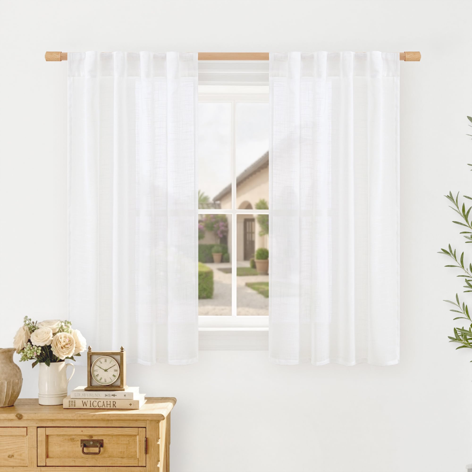 LAMIT Natural Linen Sheer Curtains 90 Inches Long 2 Panels, Long Light Filtering Window Treatments Back Tab and Rod Pocket Farmhouse Boho Panels for Living Room/Bedroom/Dining Room, 52 x 90 Inch
