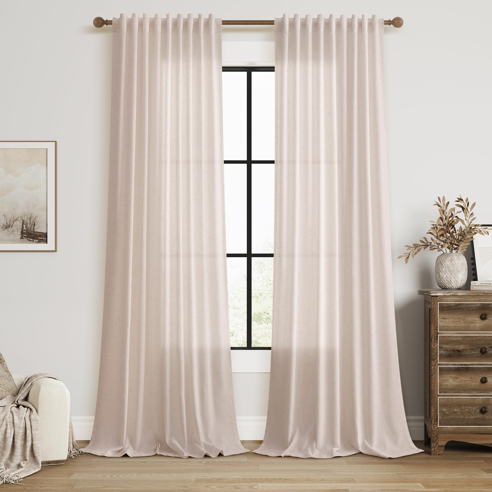 Nanspring Linen Curtains 80 Inches Long for Living Room Semi Sheer Light Filtering Curtain Back Tab Neutral Boho Modern Farmhouse Window Drapes for Bedroom 52x80 2 Panels Cream Ivory Beige Natural
