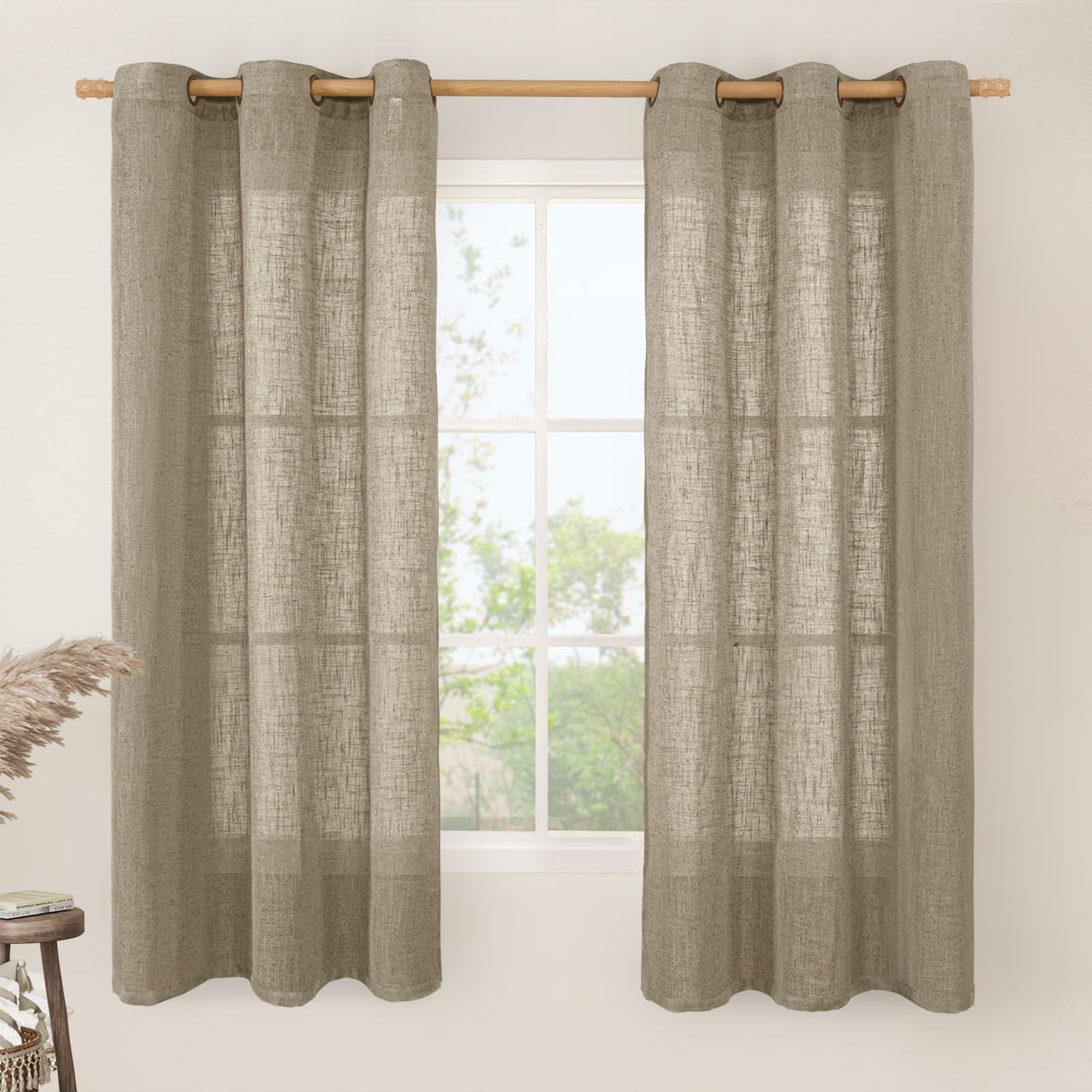 LAMIT Natural Cream Ivory Long Linen Curtains for Living Room, 108 inches Long Bronze Grommet Light Filtering Window Textured Neutral Sheer Drapes for Bedroom Farmhouse, 2 Panels, 52 x 108 Inch