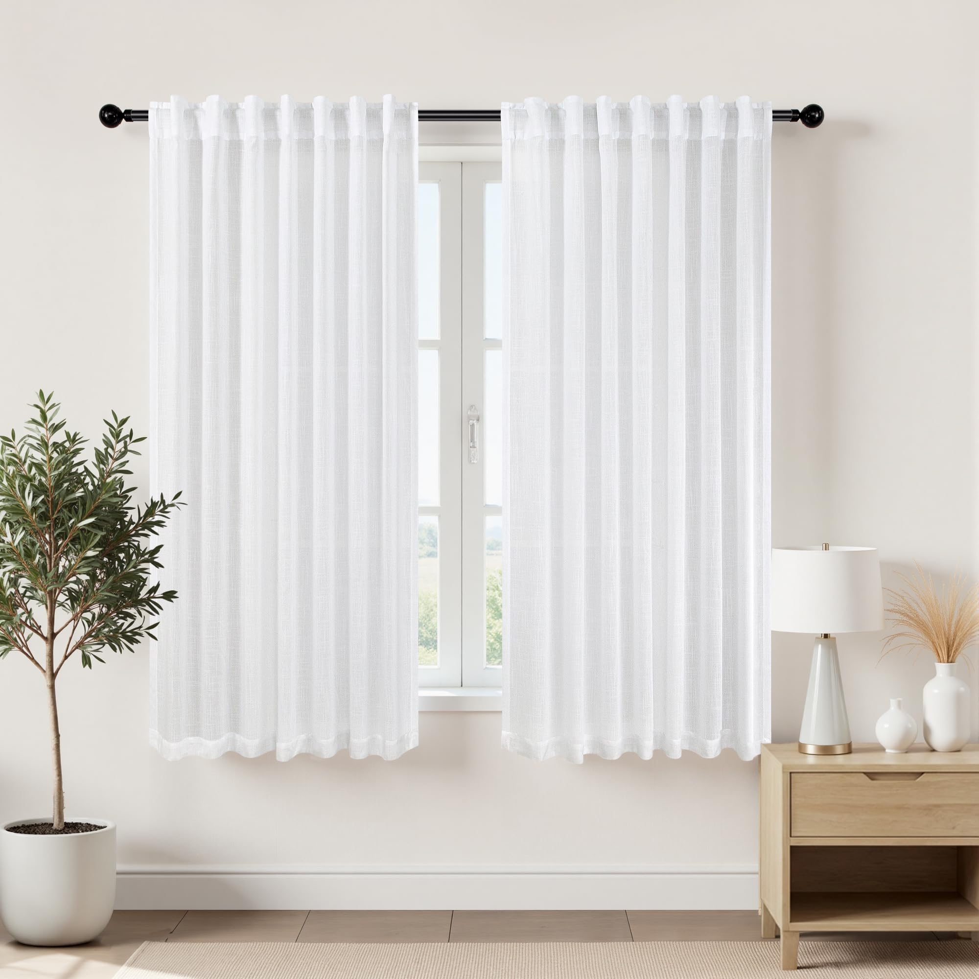 KOUFALL 92 Inch Curtains for Living Room 2 Panels Set,Light Filtering Farmhouse Boho Linen Semi Sheer Curtain Drapes 92 Inches Long for Bedroom,Cream Ivory