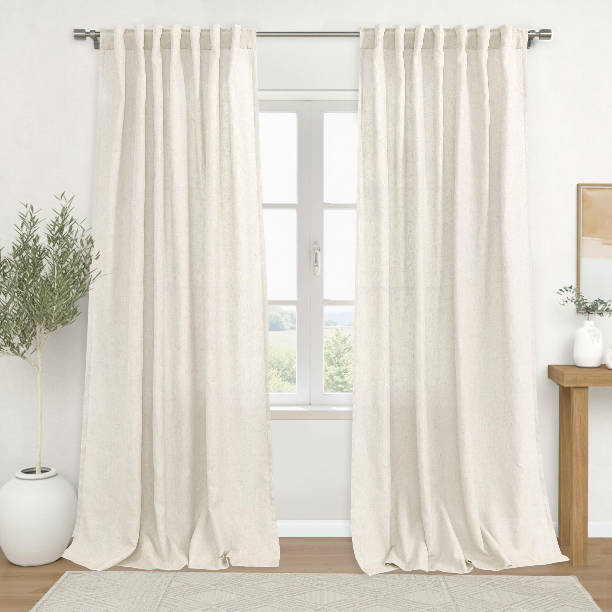 KOUFALL 92 Inch Curtains for Living Room 2 Panels Set,Light Filtering Farmhouse Boho Linen Semi Sheer Curtain Drapes 92 Inches Long for Bedroom,Cream Ivory