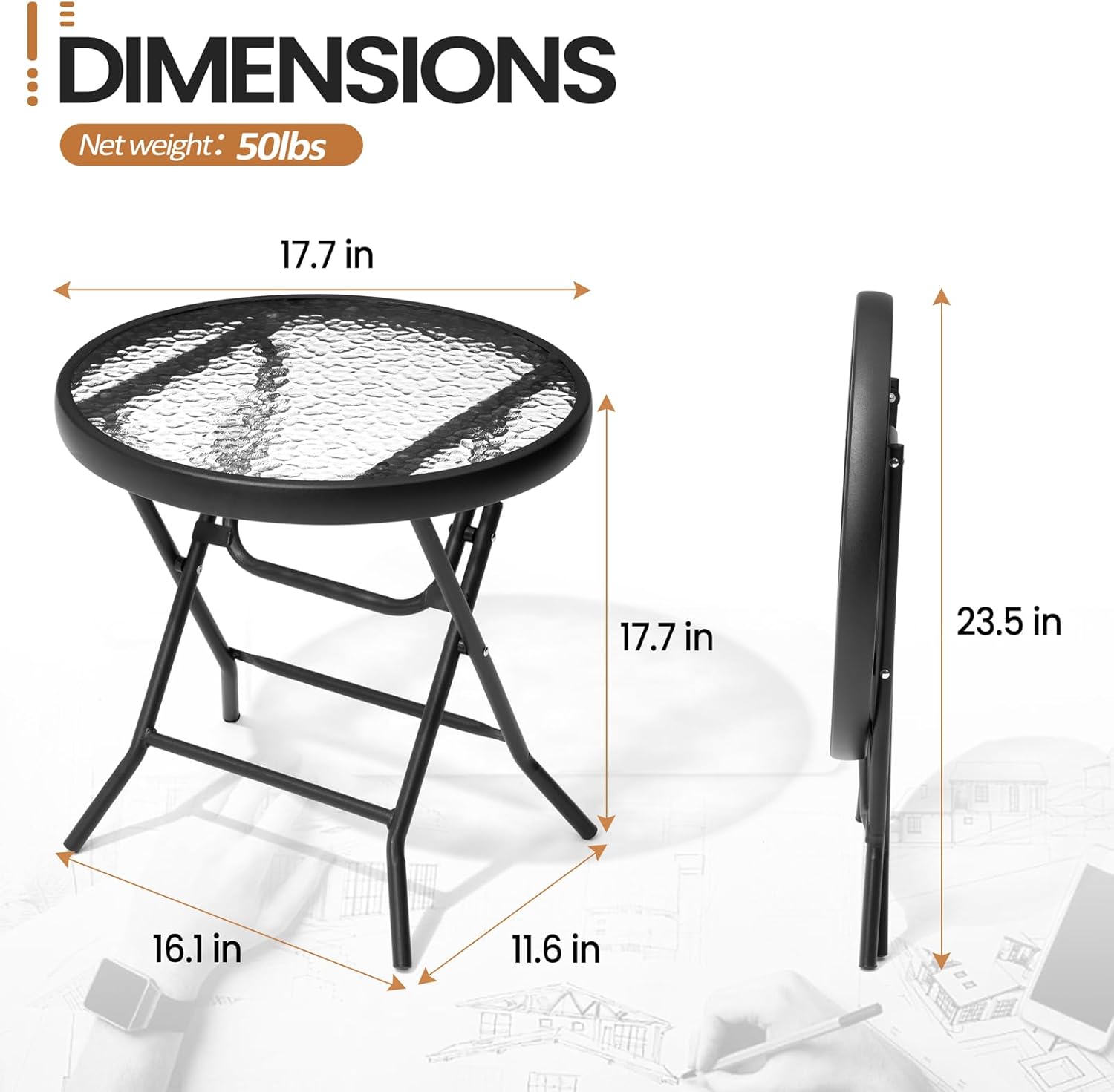 18" Black Tempered Glass Folding Side Table for Outdoor Spaces