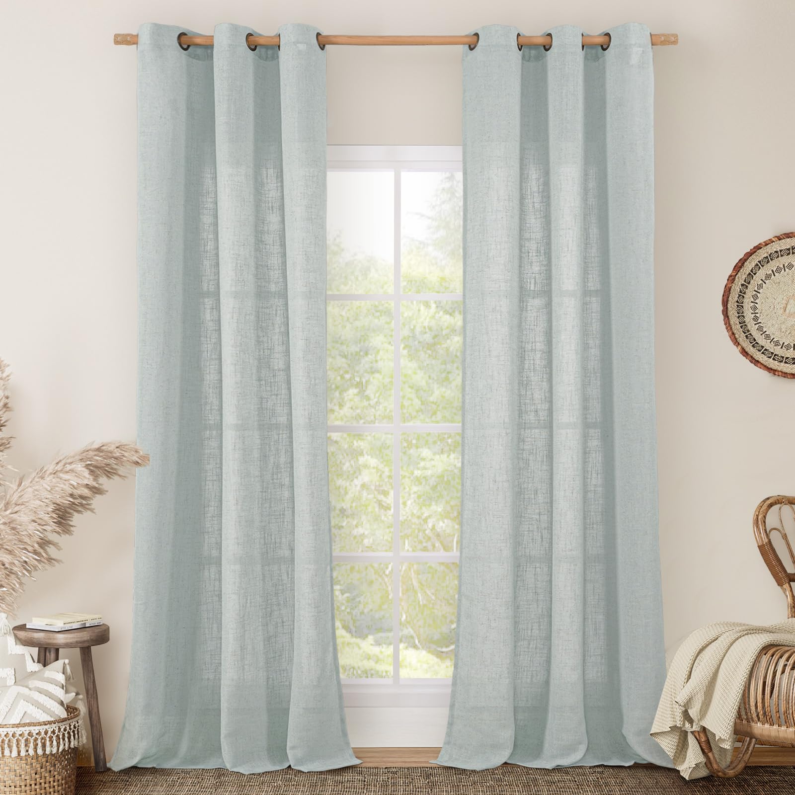 LAMIT Natural Cream Ivory Long Linen Curtains for Living Room, 108 inches Long Bronze Grommet Light Filtering Window Textured Neutral Sheer Drapes for Bedroom Farmhouse, 2 Panels, 52 x 108 Inch