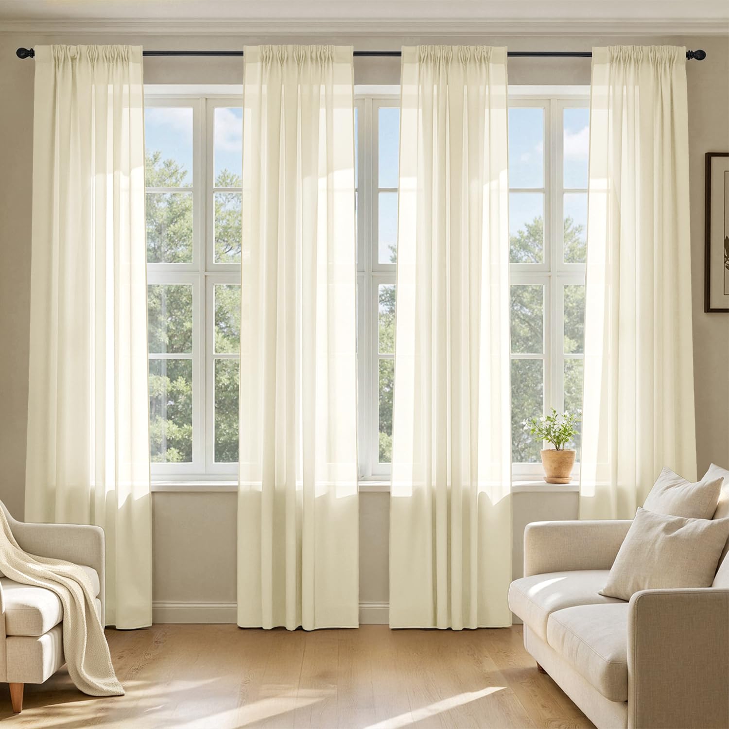 MIULEE White Sheer Curtains 105 Inches Long, 4 Panels Set, Light Filtering Voile Rod Pocket Drapes, Airy Soft Fabric Window Treatments for Living Room and Bedroom, 42 x 105 Inches