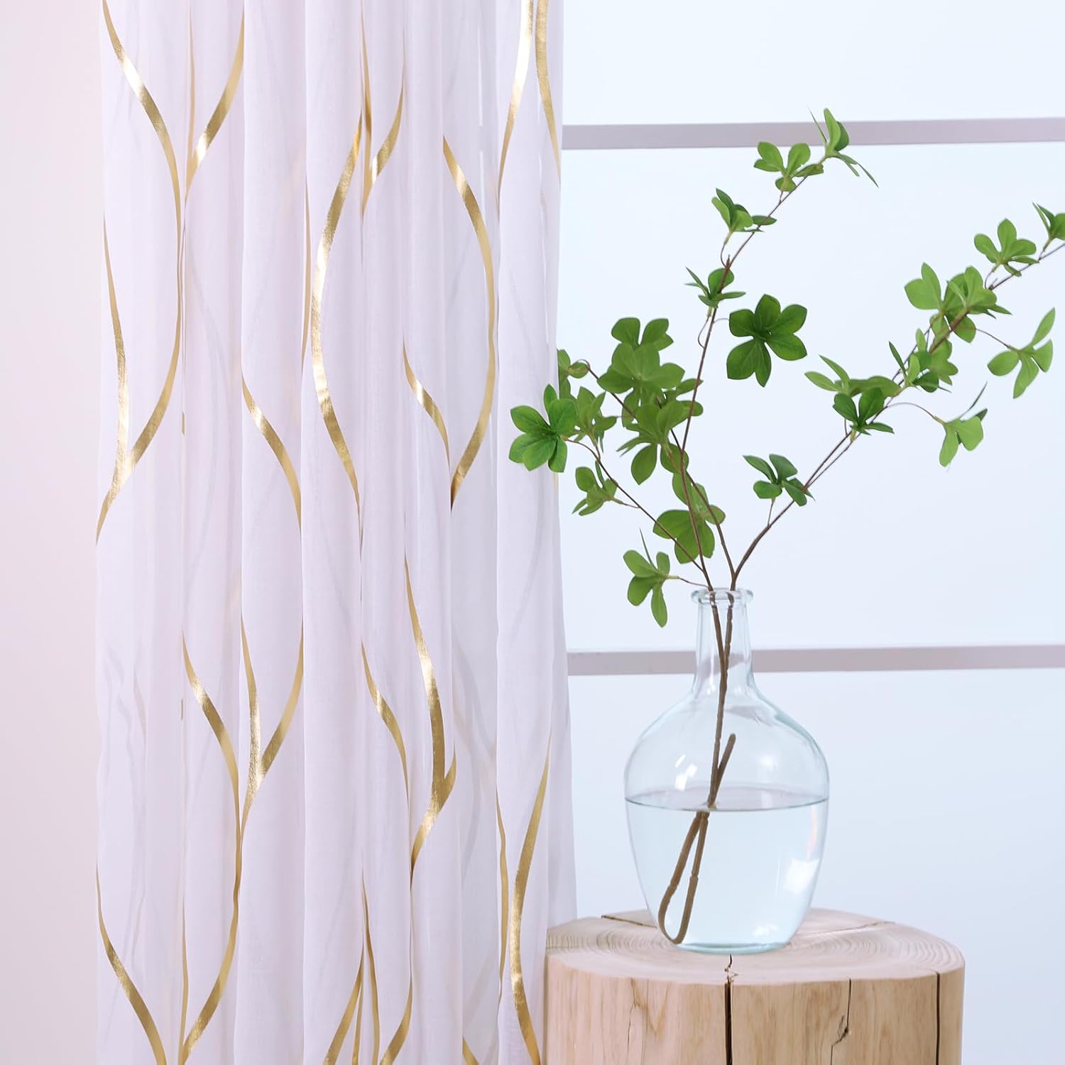L.Z.E Gold White Sheer Curtains 108 Inches Long 2 Panels Set for Living Room Bedroom See Through Sheer Curtains Grommet Top Transparent Sheers with Wave Pattern Extra Long