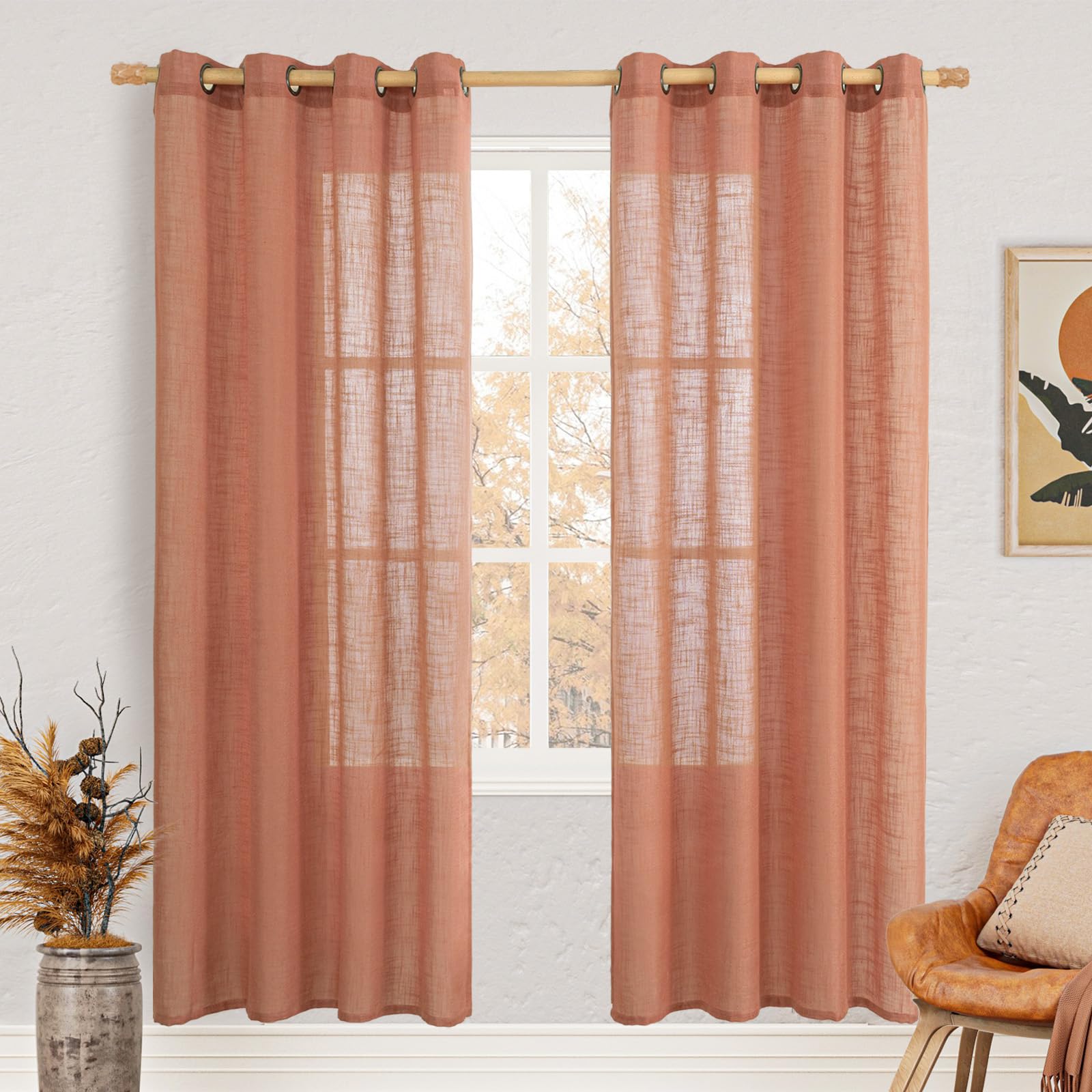 LAMIT Natural Cream Ivory Long Linen Curtains for Living Room, 108 inches Long Bronze Grommet Light Filtering Window Textured Neutral Sheer Drapes for Bedroom Farmhouse, 2 Panels, 52 x 108 Inch