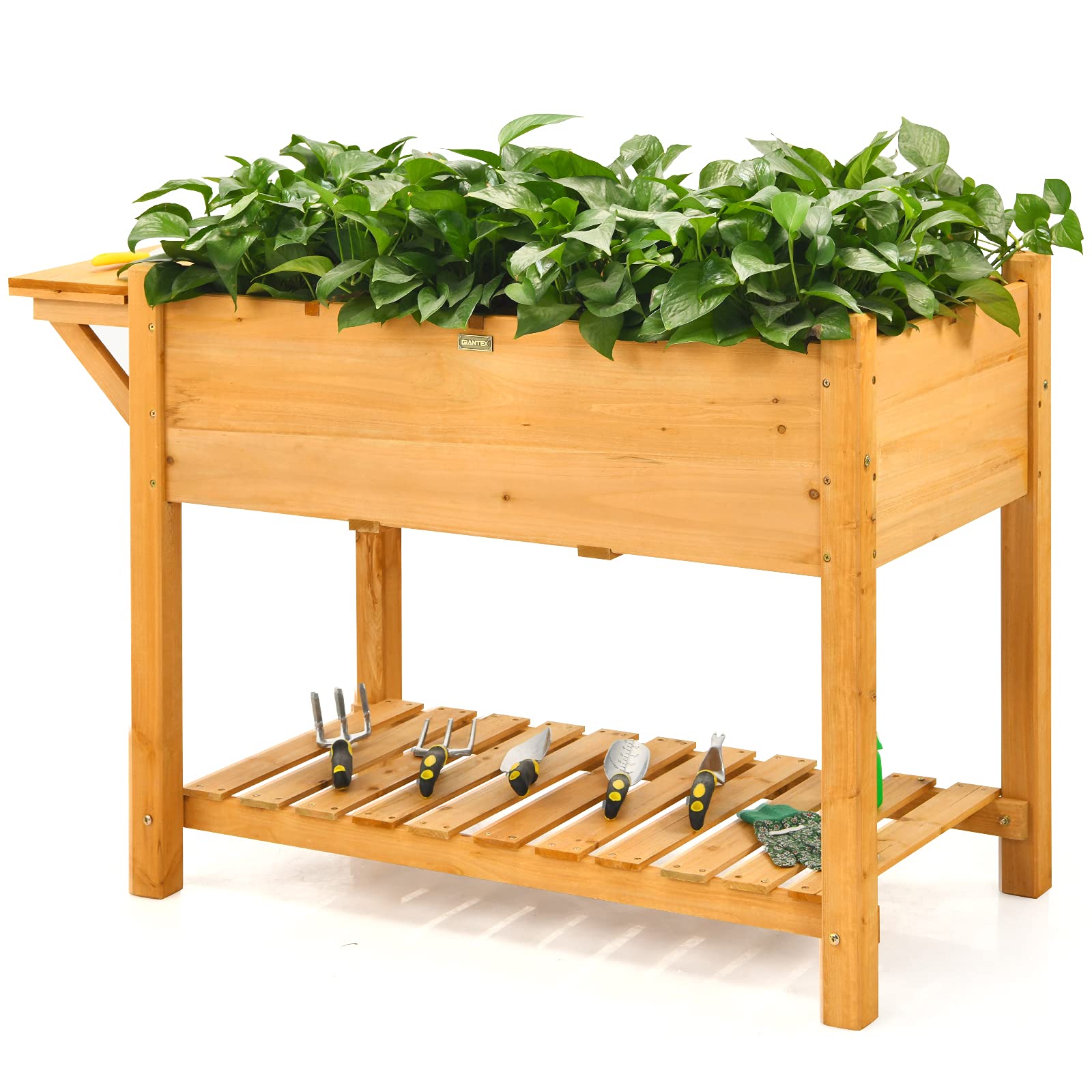 Giantex Wood Raised Garden Bed w/Folding Drop-Leaf Potting Table, Planter Box for Flower Herb Vegetable Fruit, Indoor Outdoor Elevated Raised Beds for Gardening, Backyard, Patio, Balcony