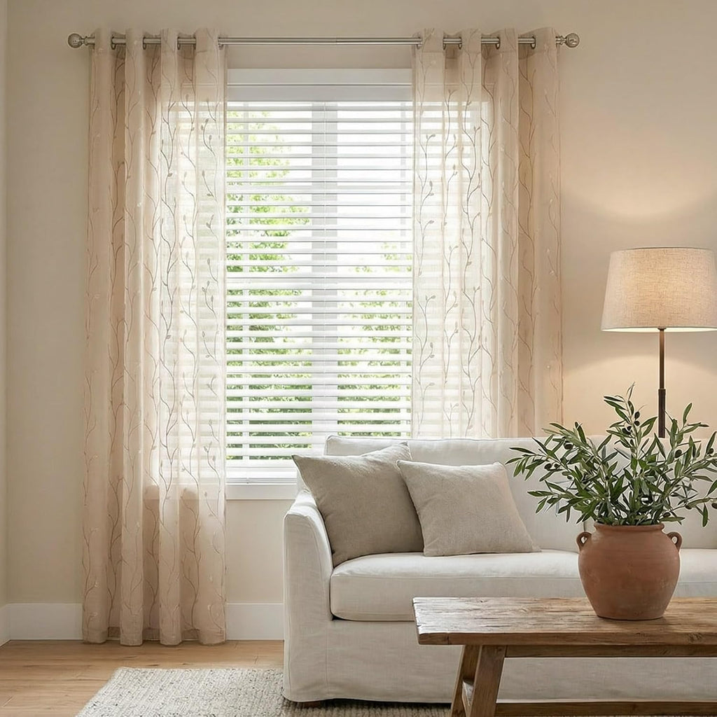 jinchan Sheer Curtains for Bedroom 84 Inch Length Leaf Embroidered Semi Sheers for Living Room Botanical Embroidery Voile Transparent Grommet Window Treatments Taupe 2 Panels