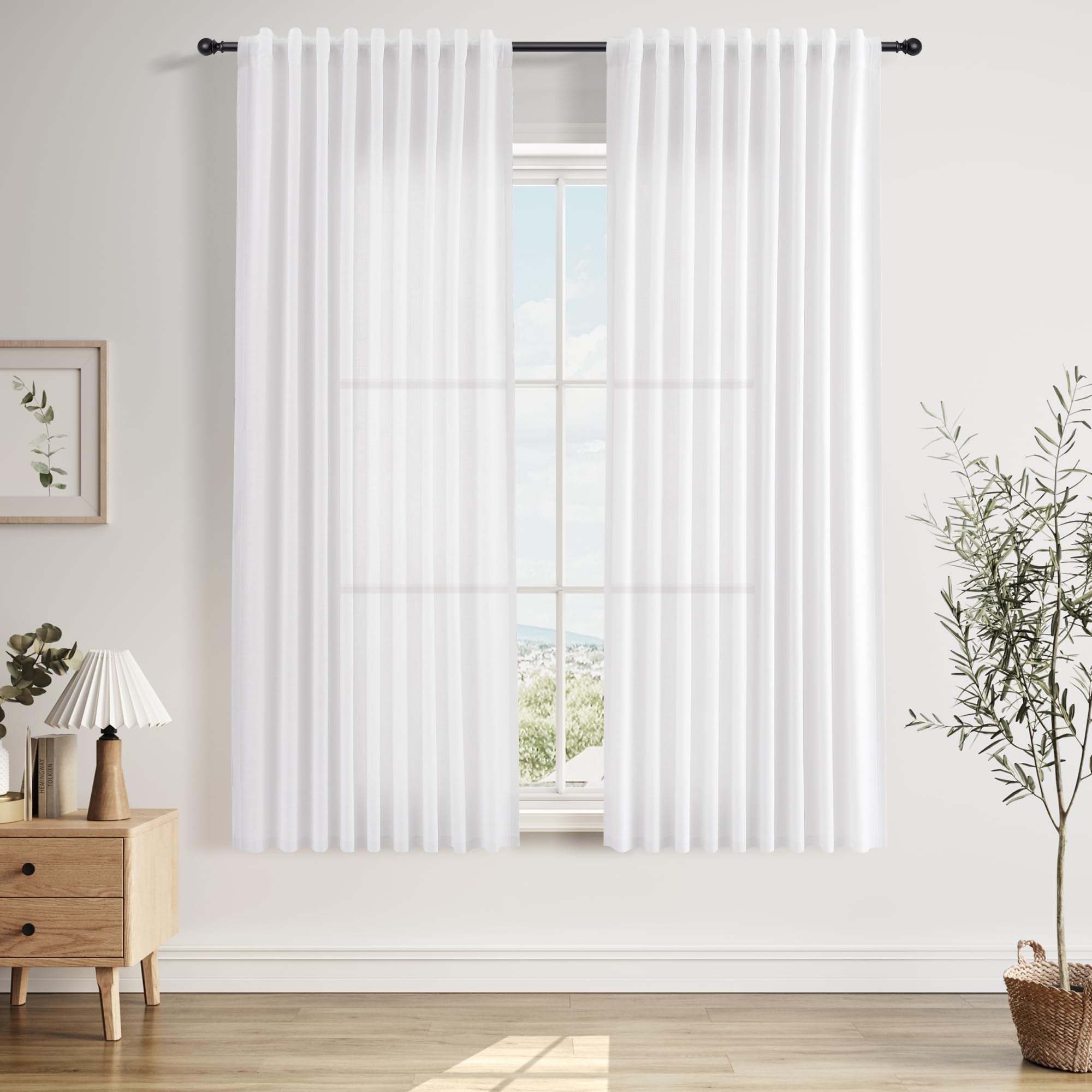 Nanspring Linen Curtains 80 Inches Long for Living Room Semi Sheer Light Filtering Curtain Back Tab Neutral Boho Modern Farmhouse Window Drapes for Bedroom 52x80 2 Panels Cream Ivory Beige Natural